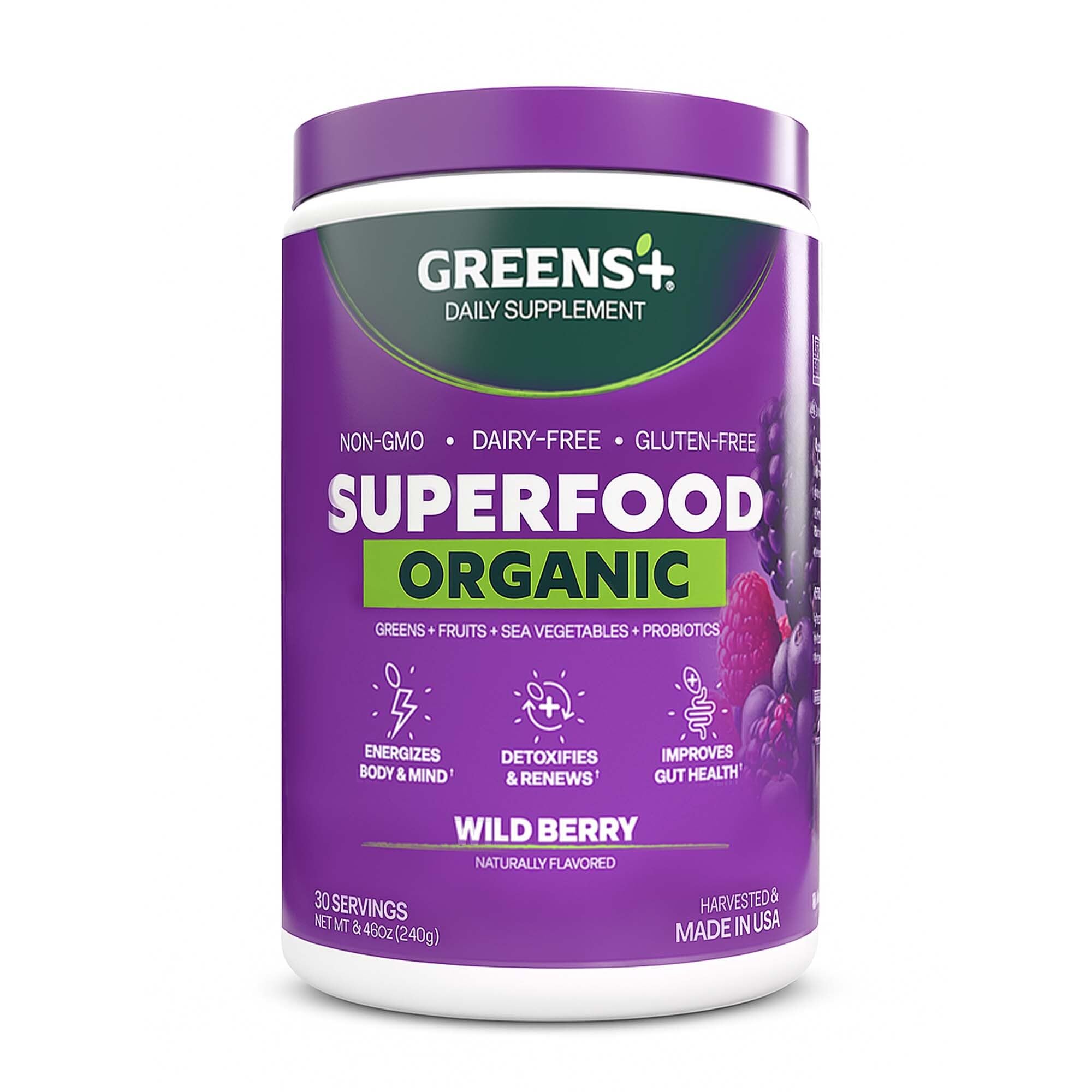 Greens+Organic Wild Berry Superfood Powder, Antioxidant Polyphenol, Blend for Morning Kick, Energy, Vitality Boost, Nutrition, Vibrant Health, Dietary Supplement, Vegan Soy/Dairy/Gluten Free(8.46oz)USDA Organic