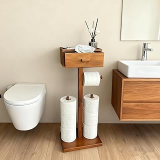 Freestanding Bathroom Toilet Paper Holder Stand with Shelf, Wood Toilet Paper Roll Holder with Wet Wipes Storage Drawer,Brown(2 Rods,Stores 6 Rolls)