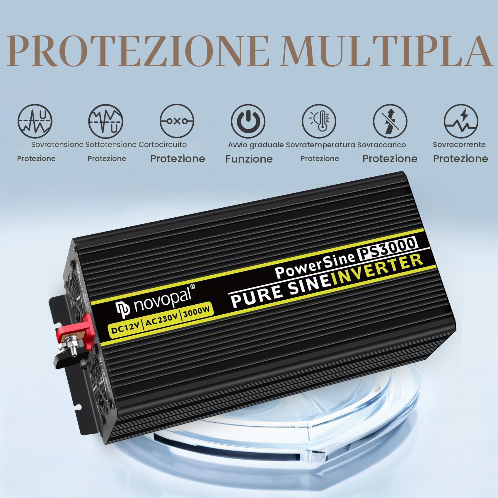 Novopal 3000W/6000W Inverter 12V 220V Onda Pura con 2 EU Presa,1 USB and 5 Metri di Telecomando,Adatto per Case, Camper, Camion, Sistemi Solari Off-Grid