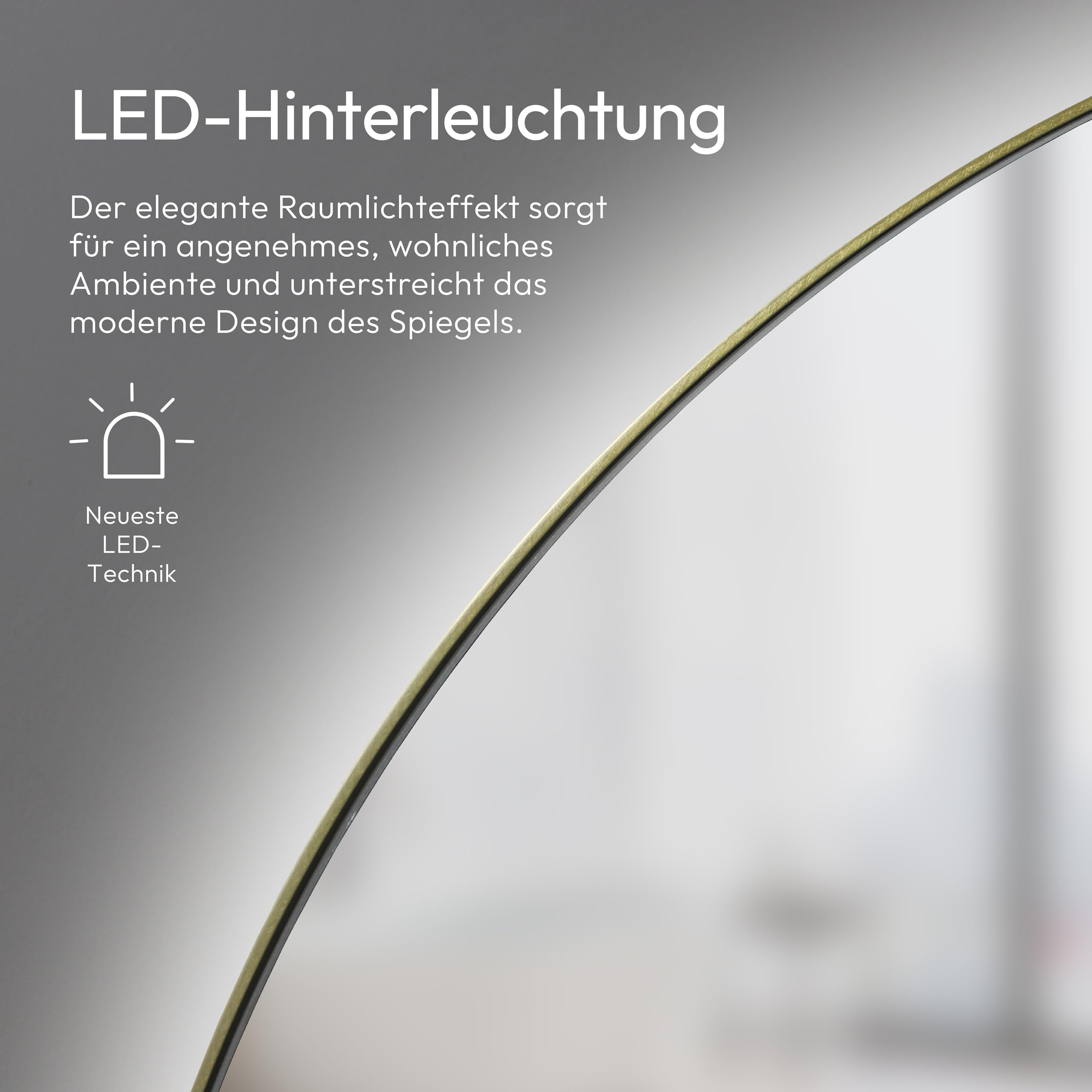Talos LED Badspiegel – Wandspiegel 60 cm mit umlaufender LED-Hinterleuchtung, 5 mm Spiegelglas, Aluminiumrahmen matt Gold, 4200K neutralweiß, IP44