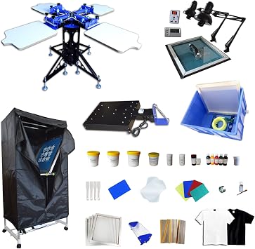 Tianiuseen Screen Printing Kit Silk Printing Press Equipment Material 3 Color 4 Station Screen Printer Screen Printing Flash Dryer Drying Cabinet and UV Exposure Unit for T-Shirt DIY