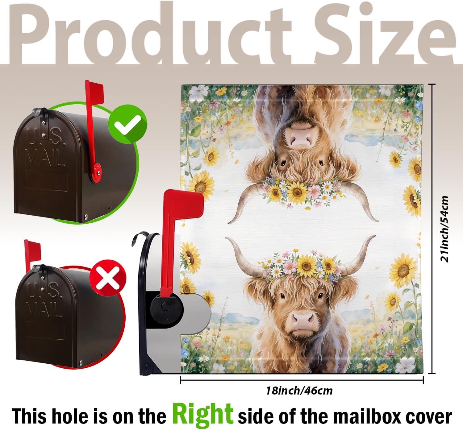 Sunflower Cow Highland Mailbox Covers Magnetic Standard Size 18x21 Inch, Farmhouse Rustic Country Floral Western Cow Mailbox Wraps Post Letter Box Cover Decorations for Holiday Garden Yard Decor image 2