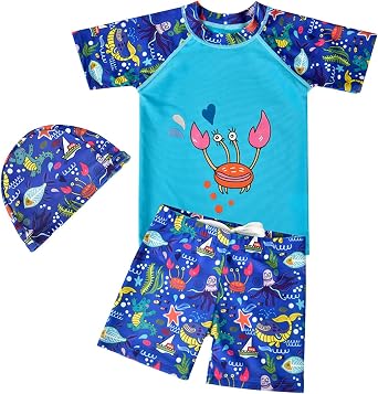 Boys Dinosaur Swimwear 3-Piece Set Quick-Dry Rash Guard Swim Shorts Swim Cap Kids Dinosaur Whales Swimsuit