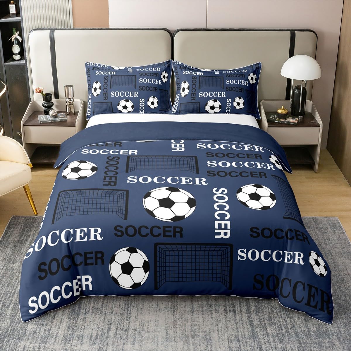 Castle Fairy 100% Cotton Soccer Boys Duvet Cover Full Size,Football Sports Bedding Set 3Pcs for Kids Teens Men Room Decor,Football Field Comforter Cover Modern Navy Blue Quilt Cover,2 Pillowcases