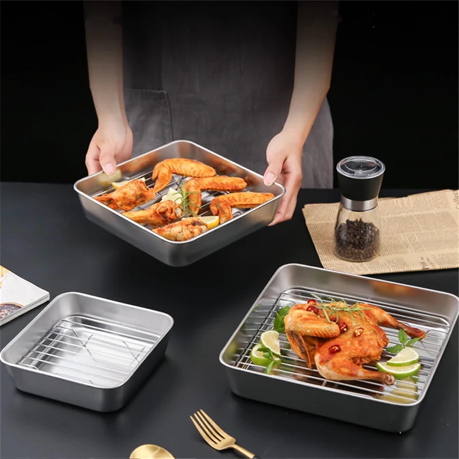 Bandeja de horno Bandeja cuadrada de acero inoxidable for hornear, bandeja antiadherente for hornear con rejilla, fruta, galleta, barbacoa, plato de almacenamiento de Pan, utensilios de cocina(20x20x5