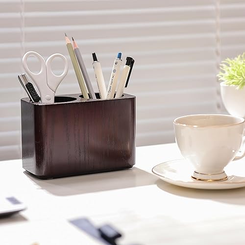 Miniatura 2 de Soporte para bolígrafo y lápices de madera maciza de roble para escritorio, organizador de papelería de oficina, soporte para vasos de mesa, soporte
