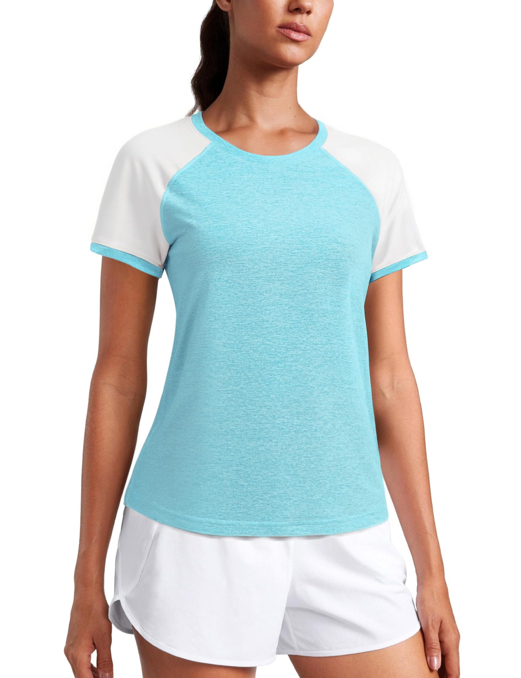 Wayleb Sport Tshirt Damen Fitness Klassischer Rundhals Kurzarm Farbblock Ärmel Sportshirt Atmungsaktiv Workout Running Activewear