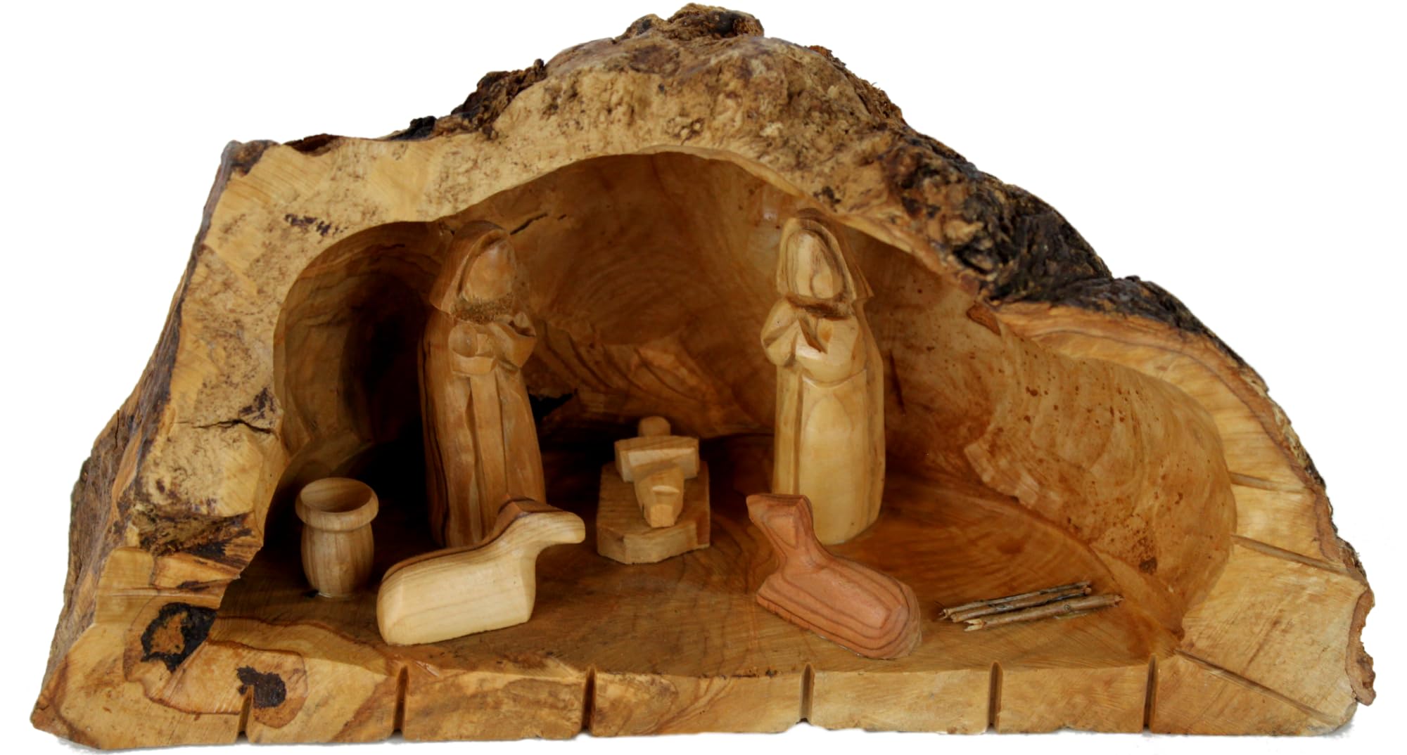 Holy Land Market Inspirational Bethlehem Olive Wood Nativity Scene - Unique Nativity Set Indoor with Hand-Carved Rustic Log Stable, Wooden Nativity Set, 5-8 Inches