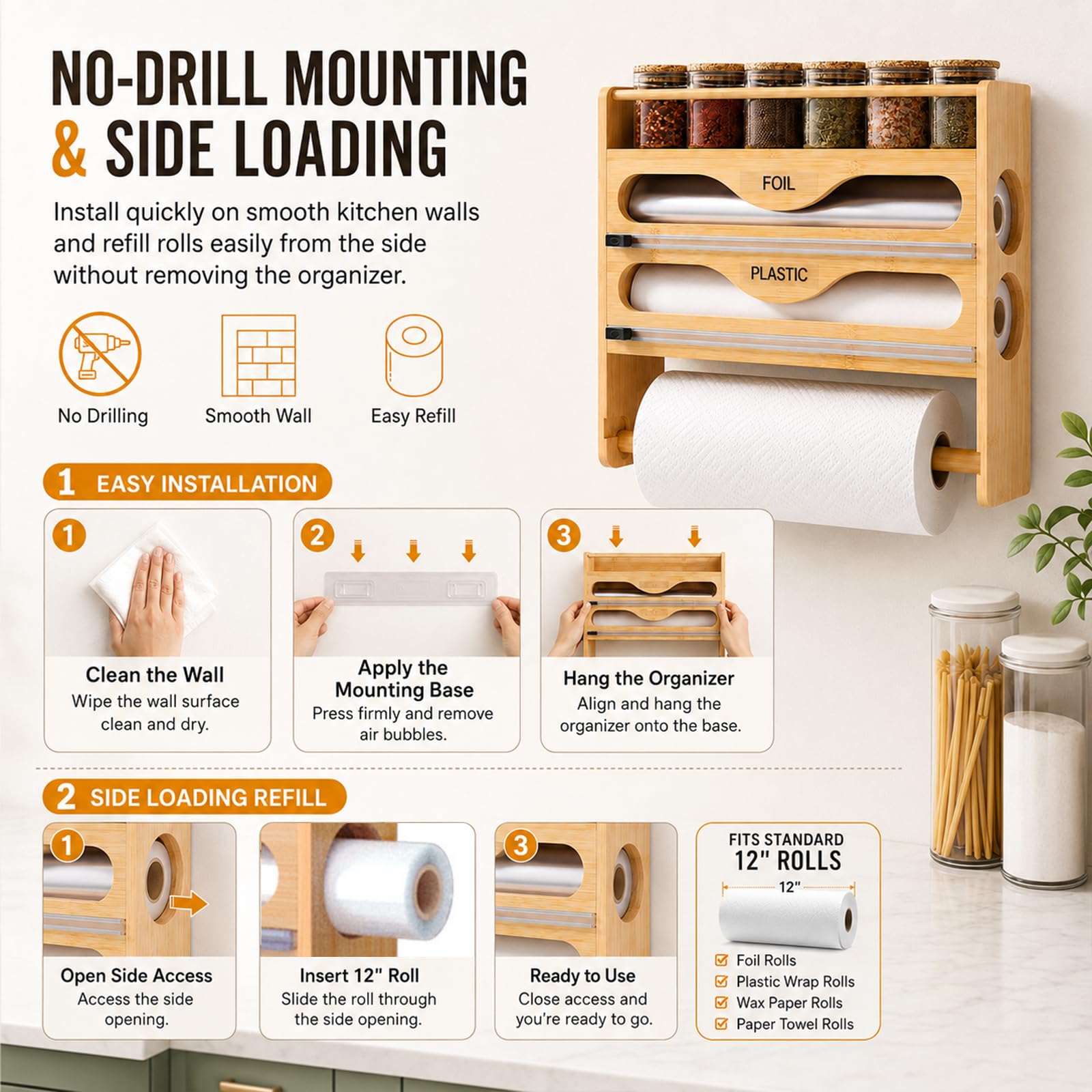 Distributeur de film avec cutter, porte-rouleau de cuisine mural en bois