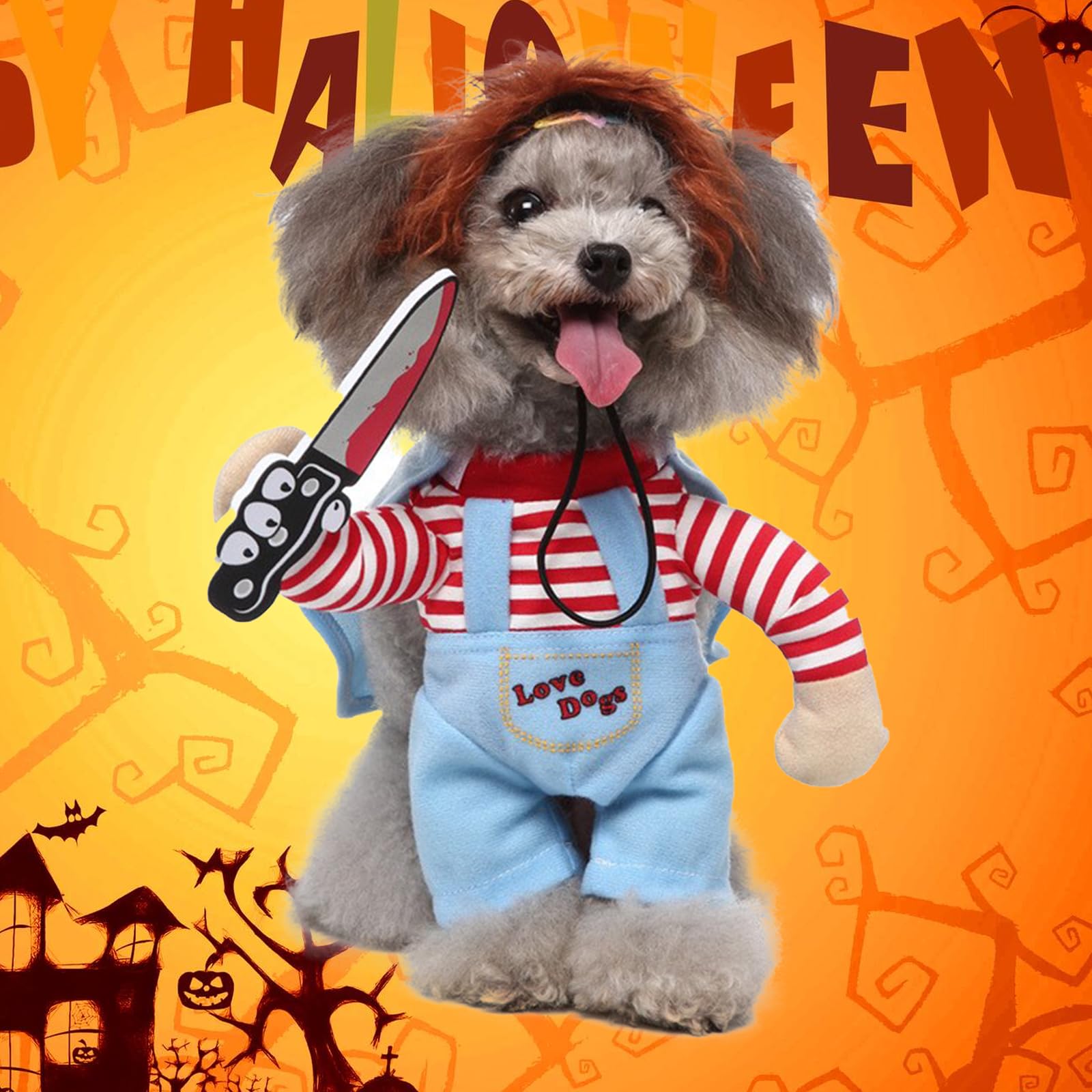 QeeFop Halloween Hundekostüm Killer Puppe - Gruselig Lustig Mit Perücke & Messer