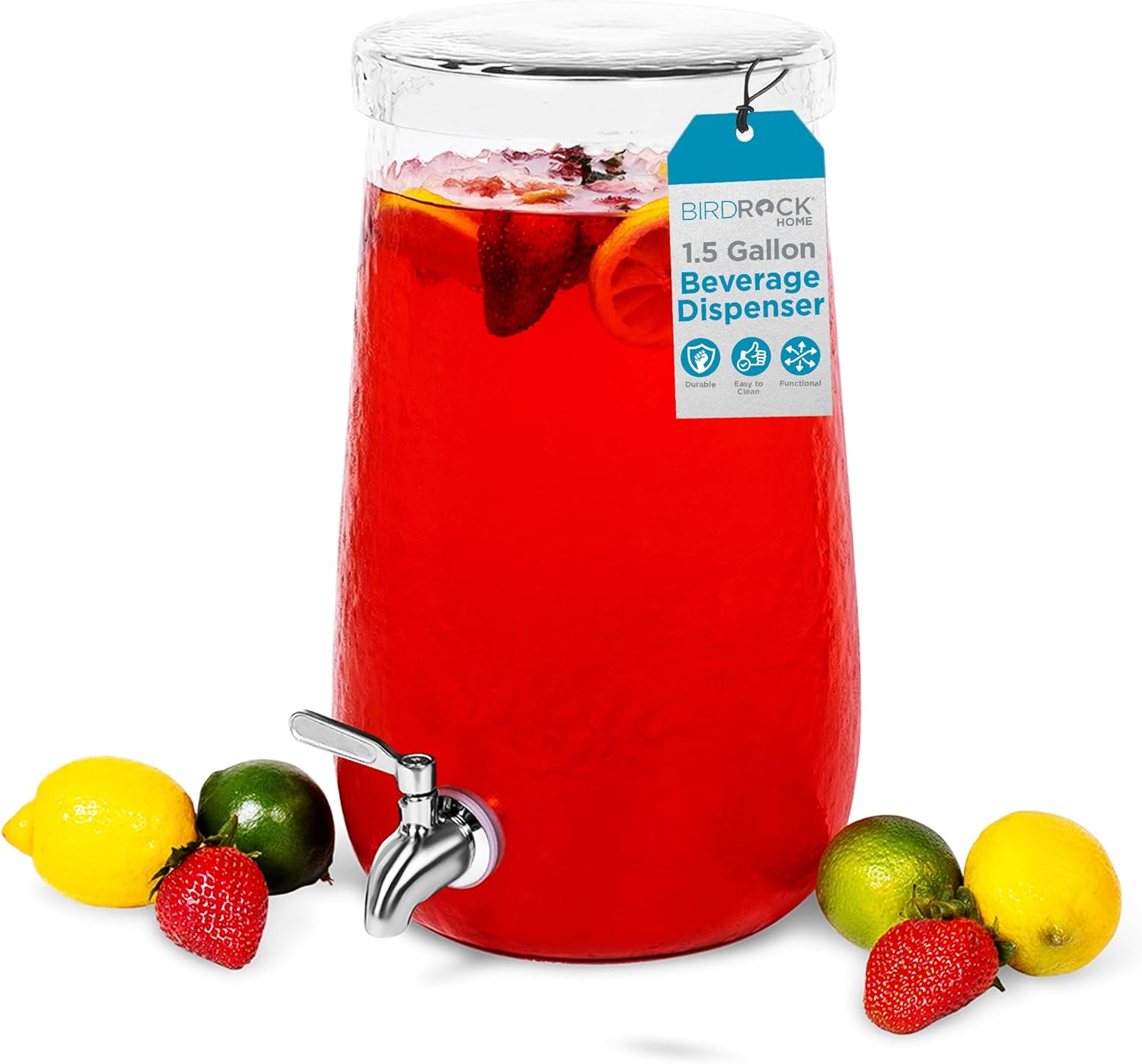 BIRDROCK HOME 1.5 Gallon Hammered Glass Beverage Dispenser with Lid and Stainless Steel Spigot – Round Drink Jar for Lemonade, Tea, Sangria, and Water – Clear Glass – For Parties, Events, and Home Use