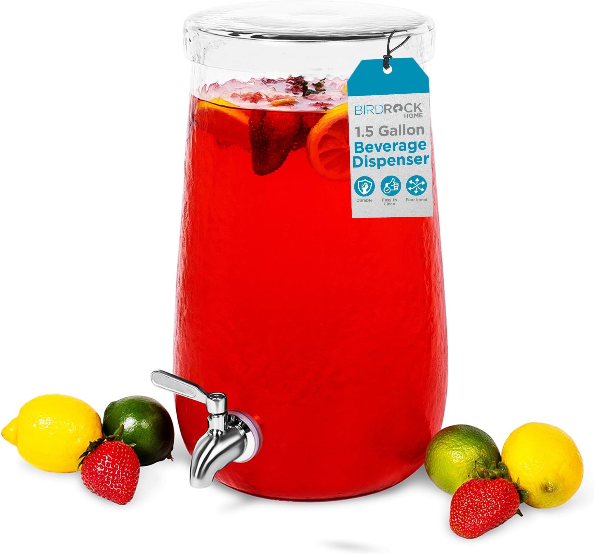 BIRDROCK HOME 1.5 Gallon Hammered Glass Beverage Dispenser with Lid and Stainless Steel Spigot – Round Drink Jar for Lemonade, Tea, Sangria, and Water – Clear Glass – For Parties, Events, and Home Use