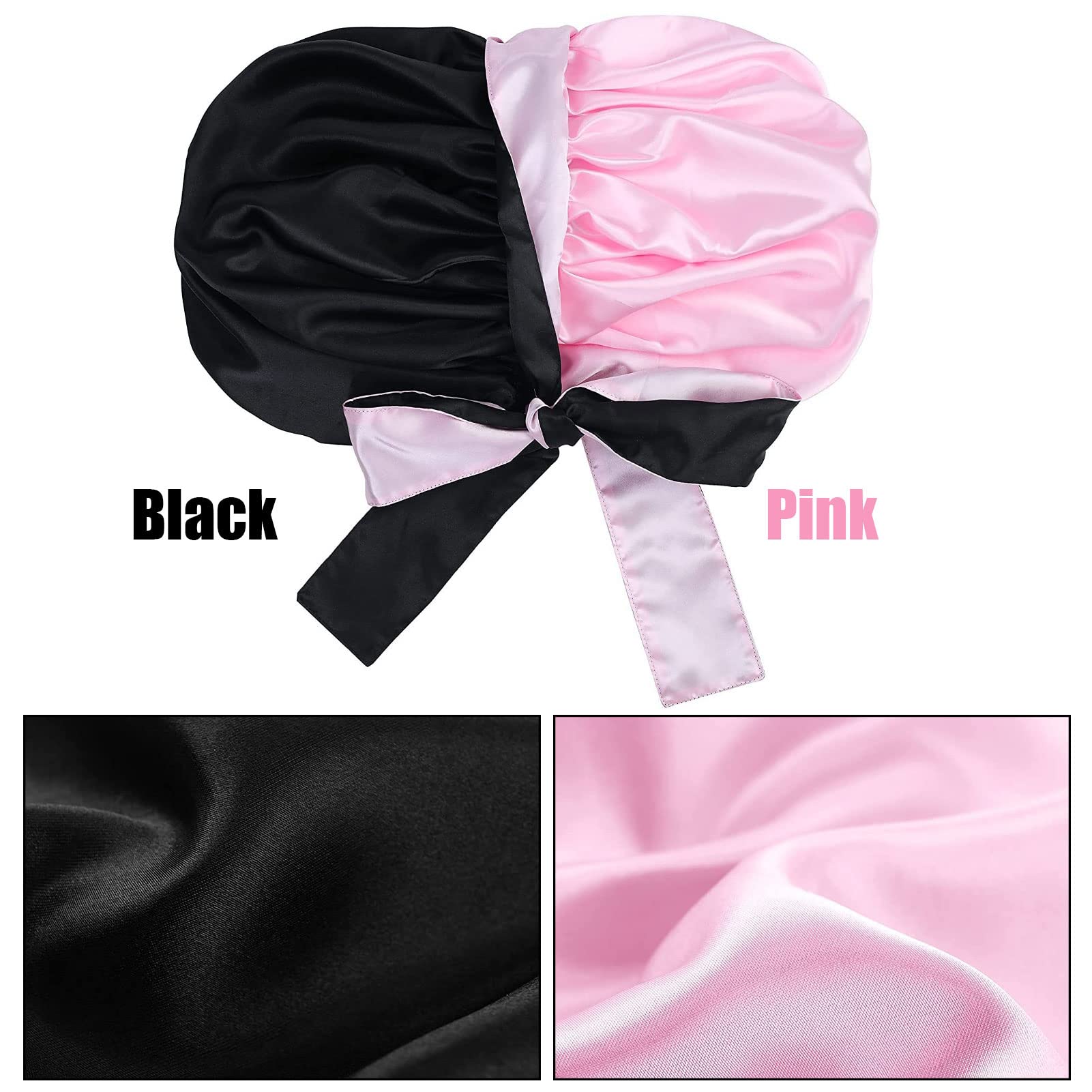 1PC Silk Satin Bonnet Hair Bonnet with Tie Band Silk Hair Wrap for Sleeping Extra Large Silk Bonnet Sleep Cap Adjustable Double Sided Reversible Nightcap for Long Curly Hair Black Women Braids Care - Image 3