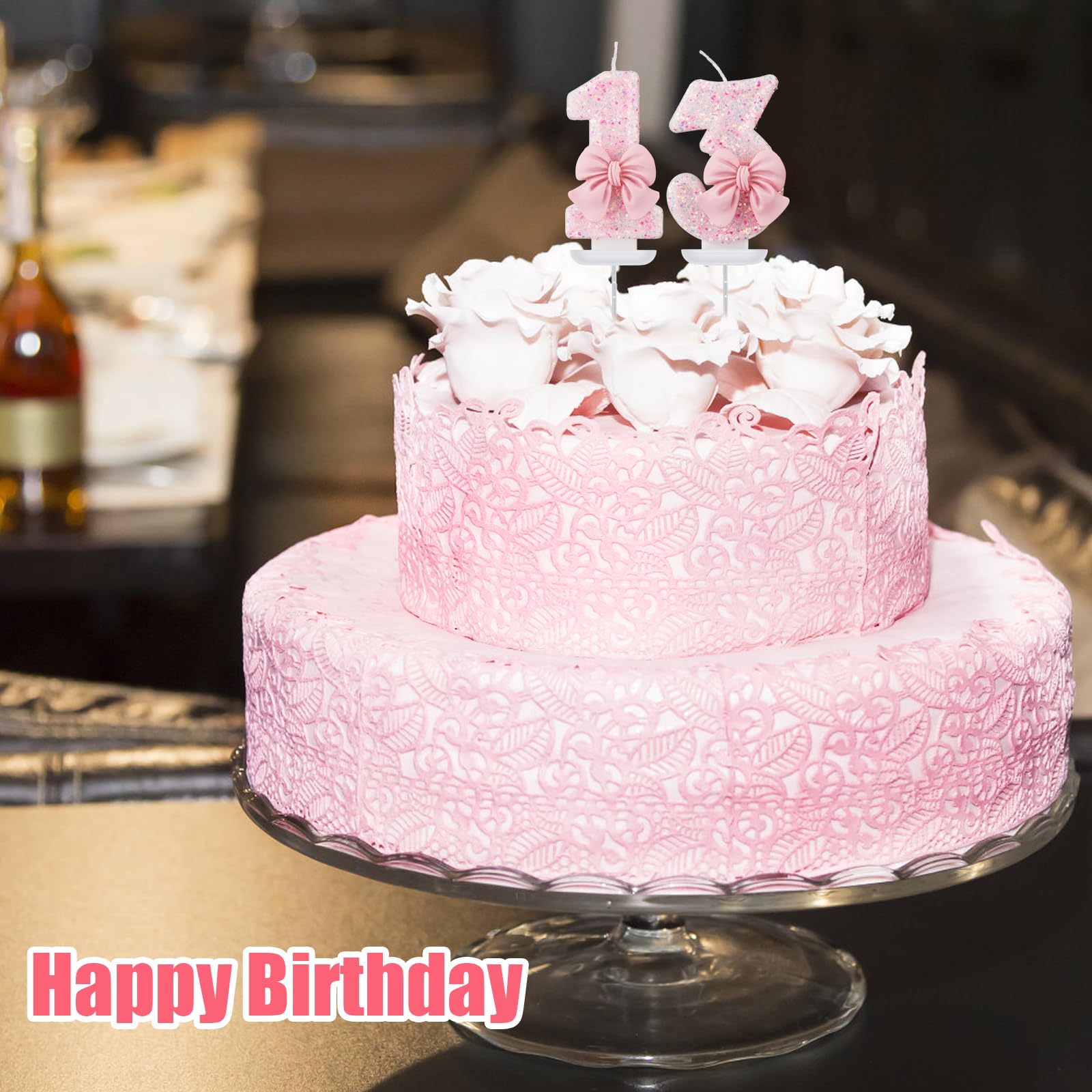 Lot De 3 Bougies D'anniversaire De 0 à 9 Ans Avec Nœud Rose Pailleté - 7,5 Cm - Décorations De Gâteaux Pour Enfants, Filles Et Adultes (3