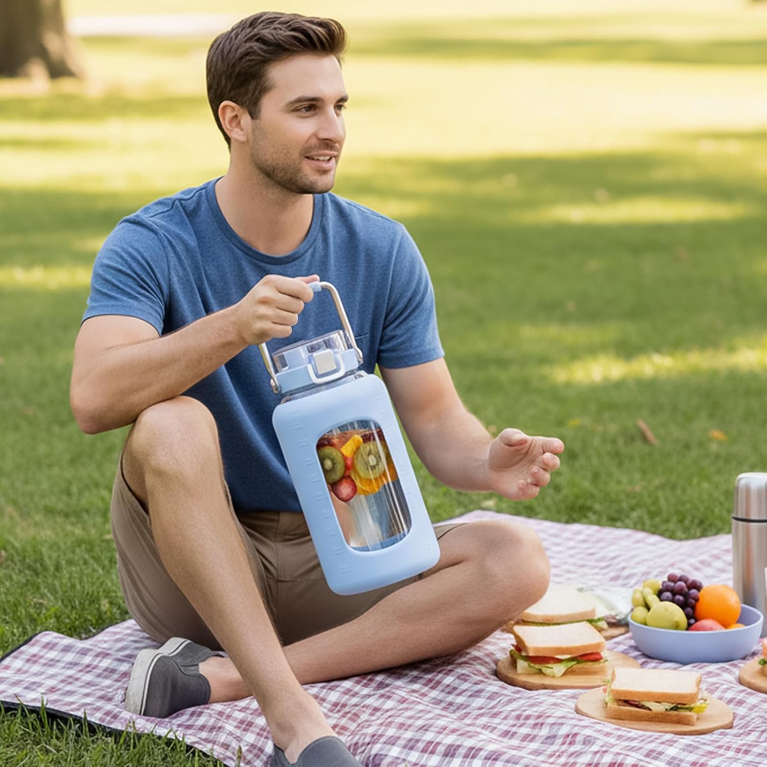 BLUEGO 84oz Glass Water Bottles with Sturdy Stainless Steel Handle, Large Water Bottle with Straw Sip & Chug Lid, 2.5L Water Jug Silicone Sleeve with Time, Daily Travel Sports, Light Blue