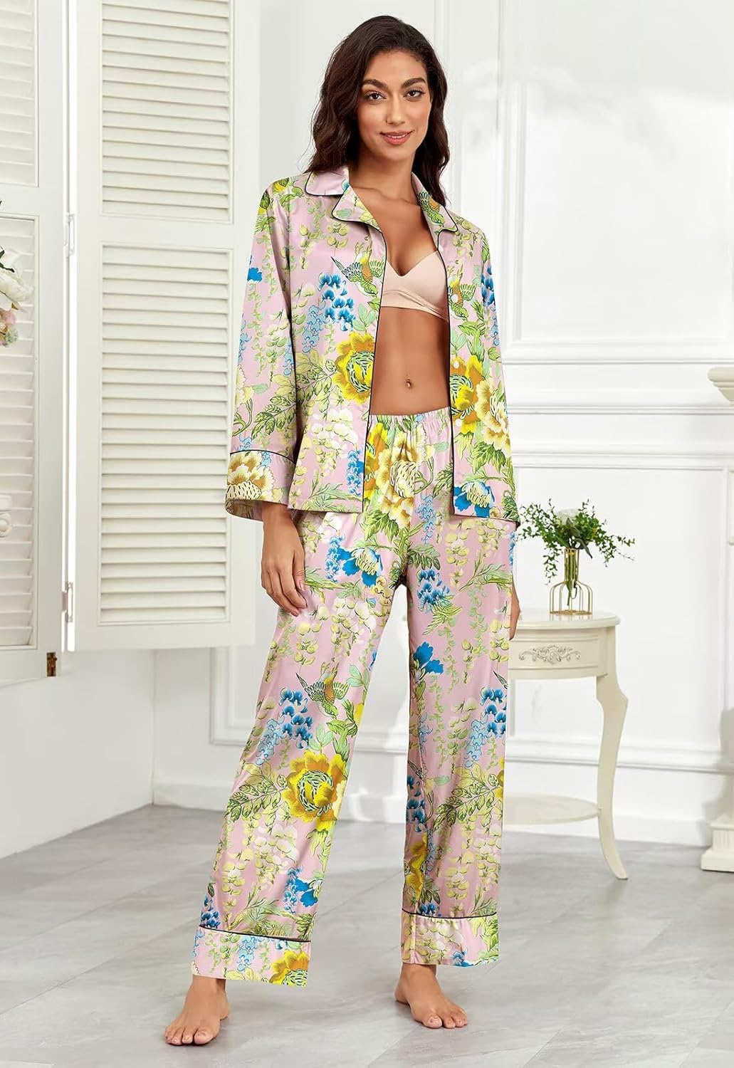 Brosloth Womens Silky Pajamas Floral Print Satin Pajama Set Long Sleeve Button Up Soft Sleepwear Cute Pj Sets - Image 2