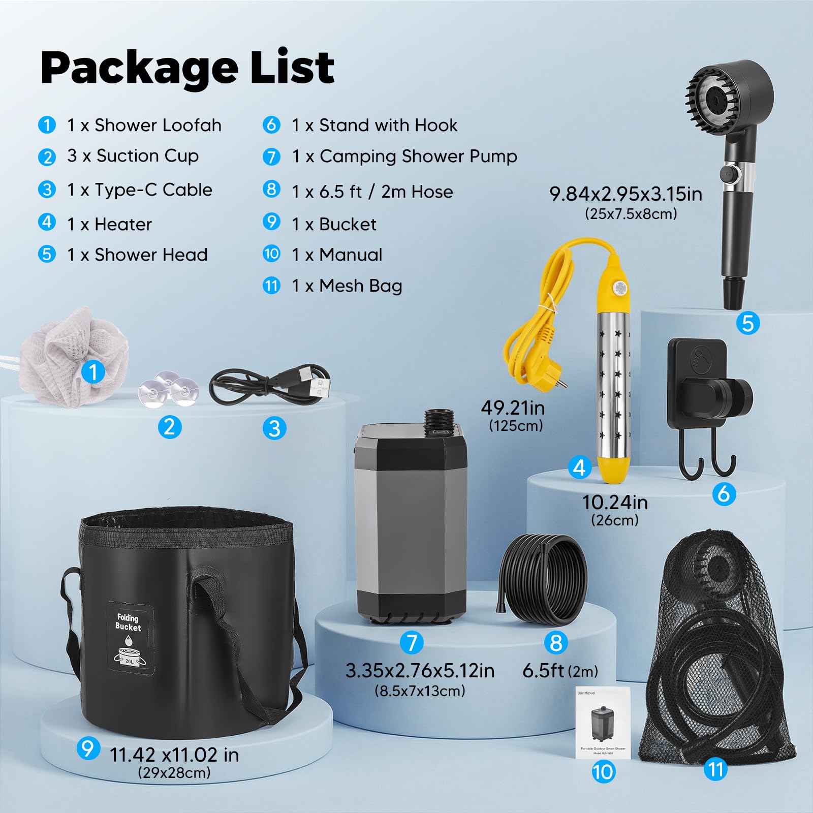 Doccia Da Campeggio, Con Secchio Pieghevole 20L, 8000 Mah Doccia Ricaricabile Portatile, Impermeabile Ipx7, Con Display Digitale Intelligente Per Spiaggia Giardino Lavaggio Auto
