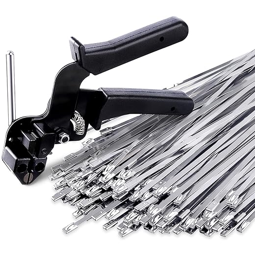 Stainless Steel Cable Tie Gun, Special Tool For Fastening And Cutting Metal Zip Ties, With 150pcs 11.8in Uv Resistant Heavy Duty Cable Ties For Fence Exhaust Pipe Outdoor.