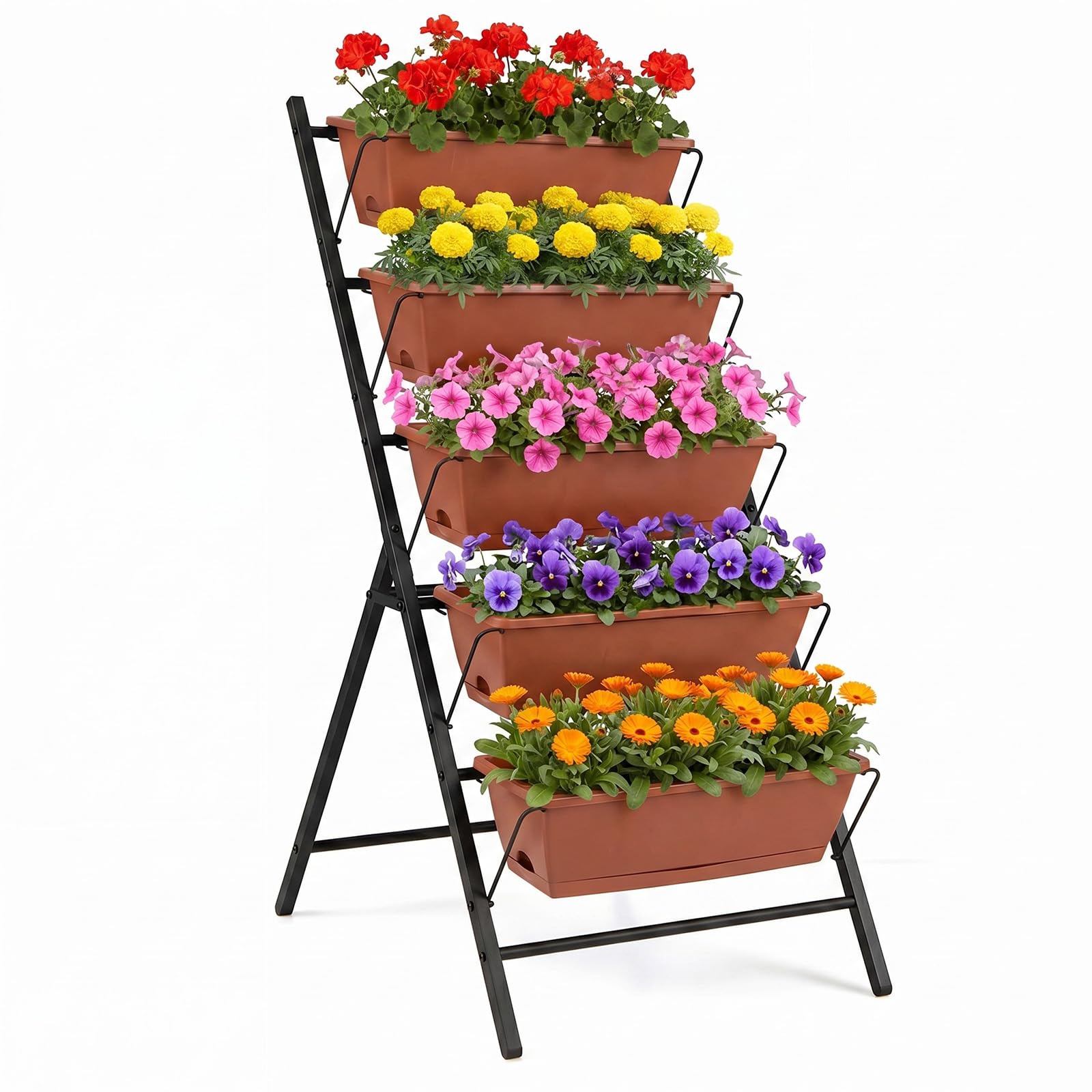 COSTWAY 5-stufiges Hochbeet, vertikales Pflanzenbeet mit 5 Blumenkästen & Drainagelöchern, Vertikalbeet freistehend, Blumentreppe für Gemüse Kräuter Blumen, 57 x 71 x 115 cm (Rot)