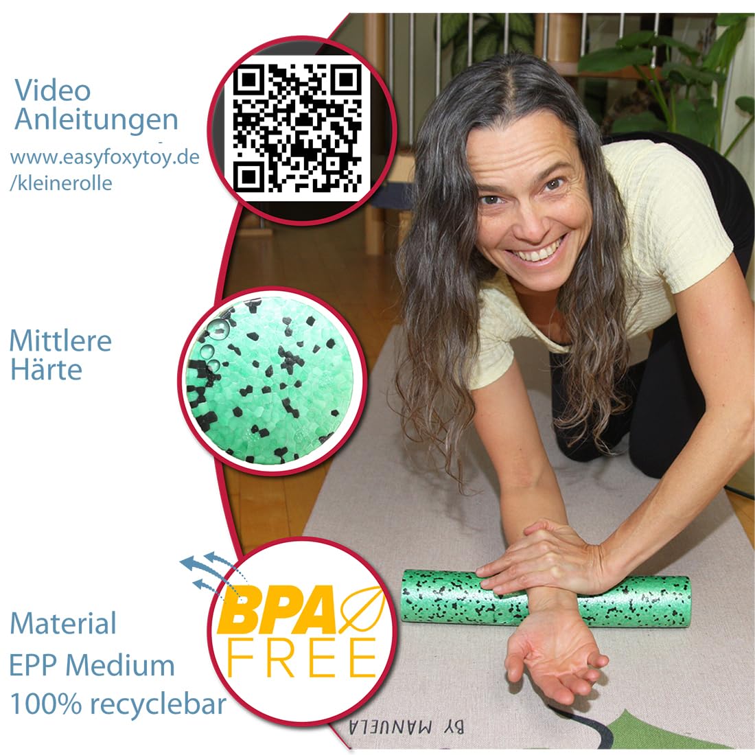Mini Faszienrolle Für Fuss, Hand & Kopf Massage Ø6cm x33cm, Kleine Faszien Foam Rolle für unterwegs, Mittlere Härte, Massagerolle um Verspannungen zu lösen