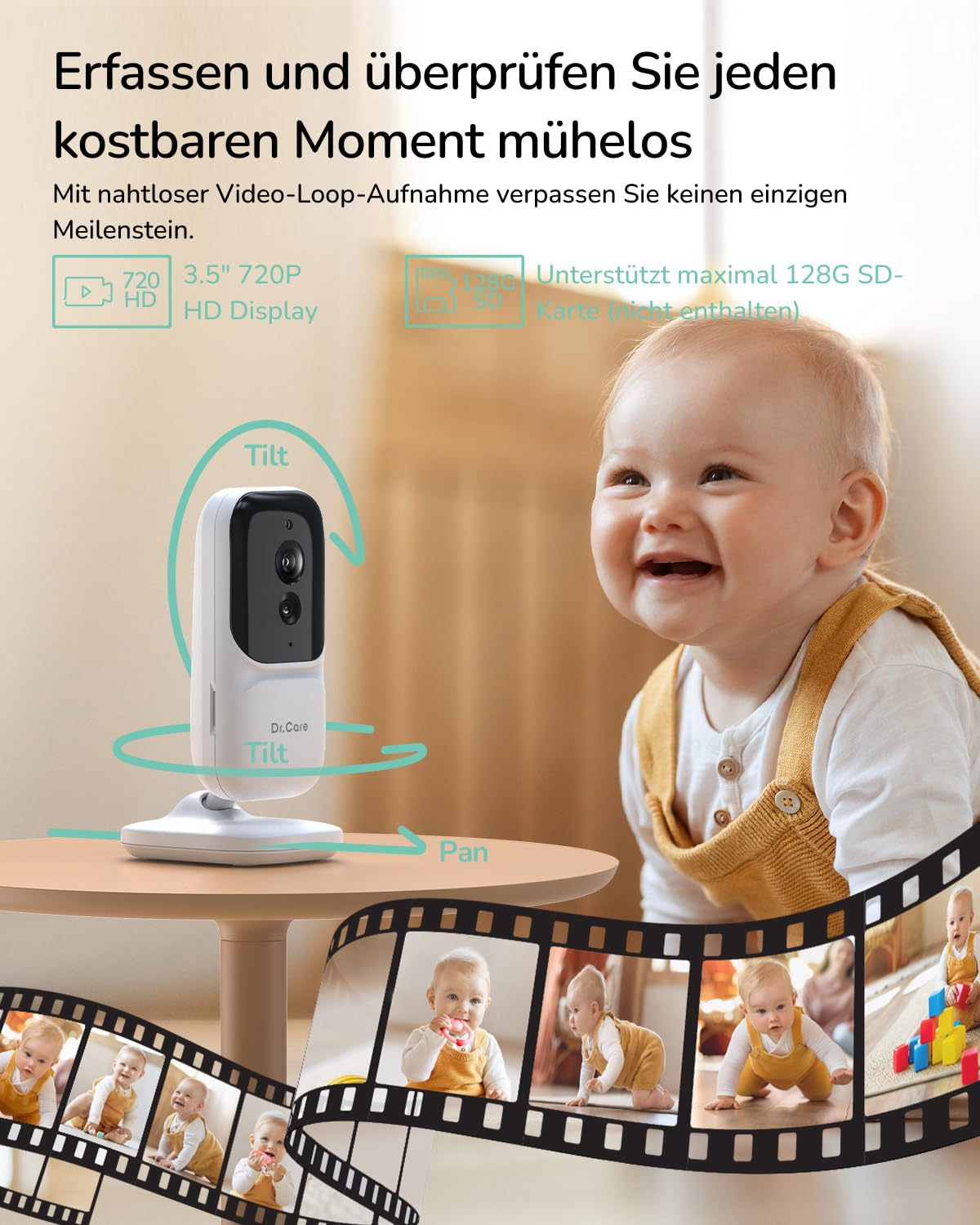 Dr.Care NeoView Babyphone mit Kamera, Video Baby Monitor, 2-Wege-Audio, Schleifenaufnahme, Nachtsicht, VOX, Temperatursensor, Schlaflieder, Kein Wi-Fi (3.5" Monitor mit 1 Kamera)