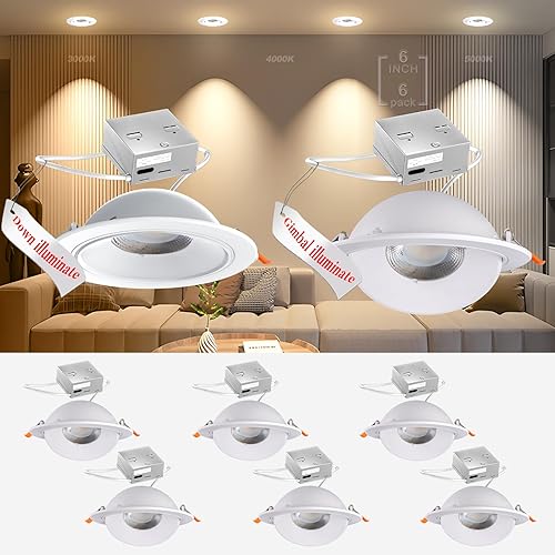Paquete de 6 luces LED empotrables y cardán de 6 pulgadas, iluminación empotrable LED ajustable en ángulo de 6 pulgadas, 3000 K4000 K5000 K, luz de