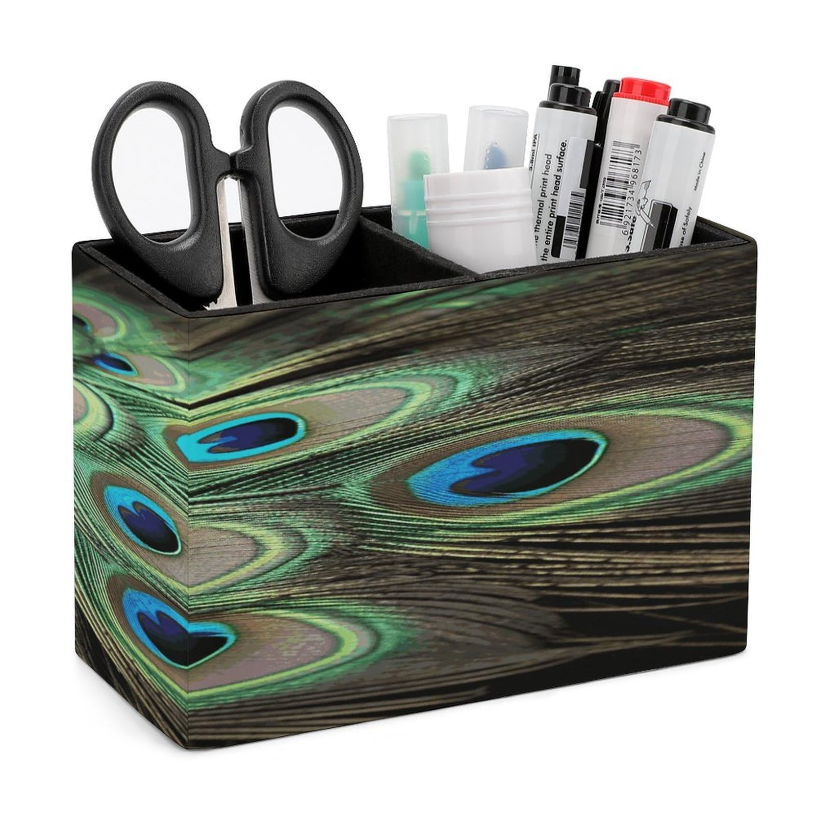 Porte-stylos en cuir vert paon : pot de rangement chic de bureau