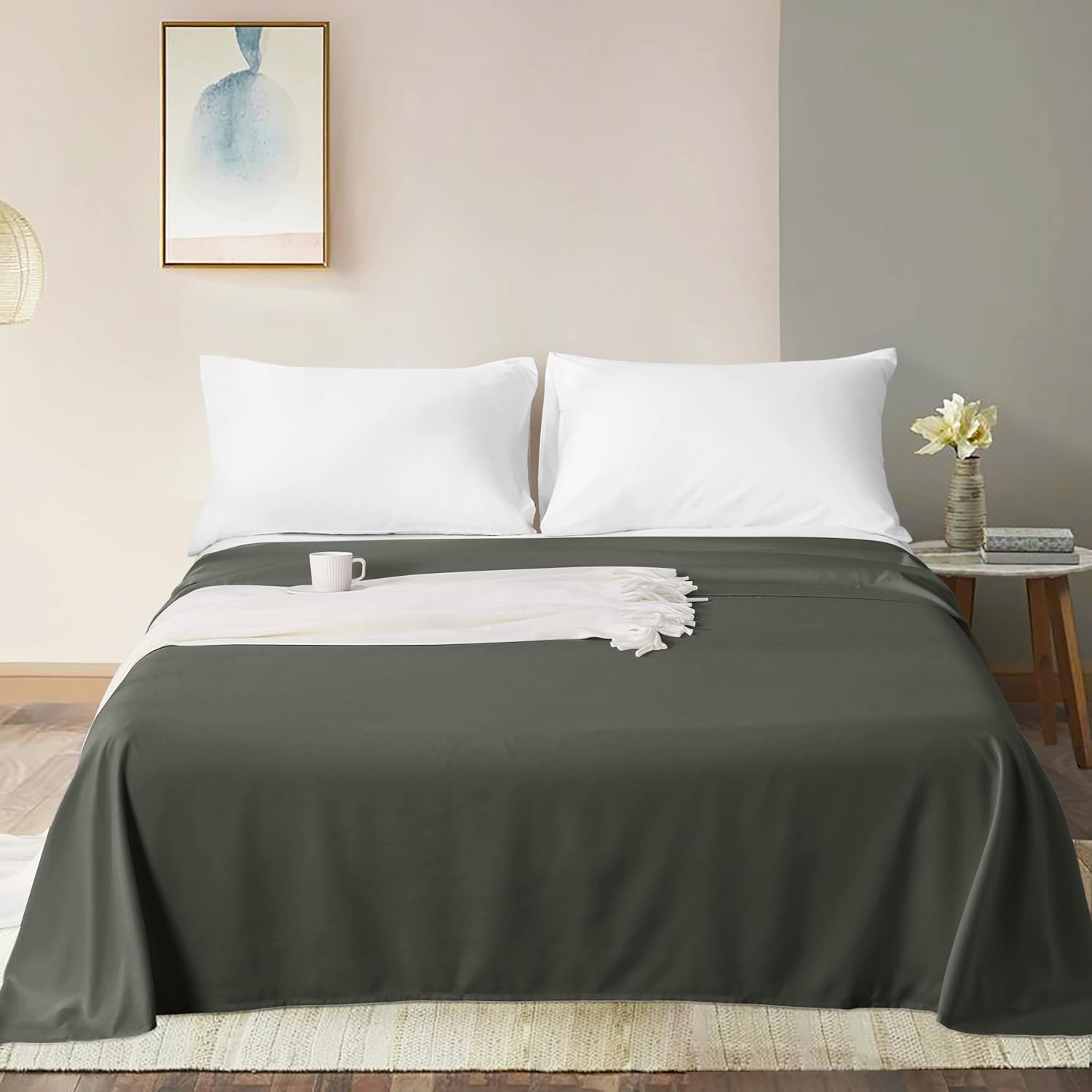 800 Thread Count One Piece Flat Sheet 100% Egyptian Cotton Only, Ultra Soft Premium Flat Sheets, [ Solid Elephant Grey King Size ]
