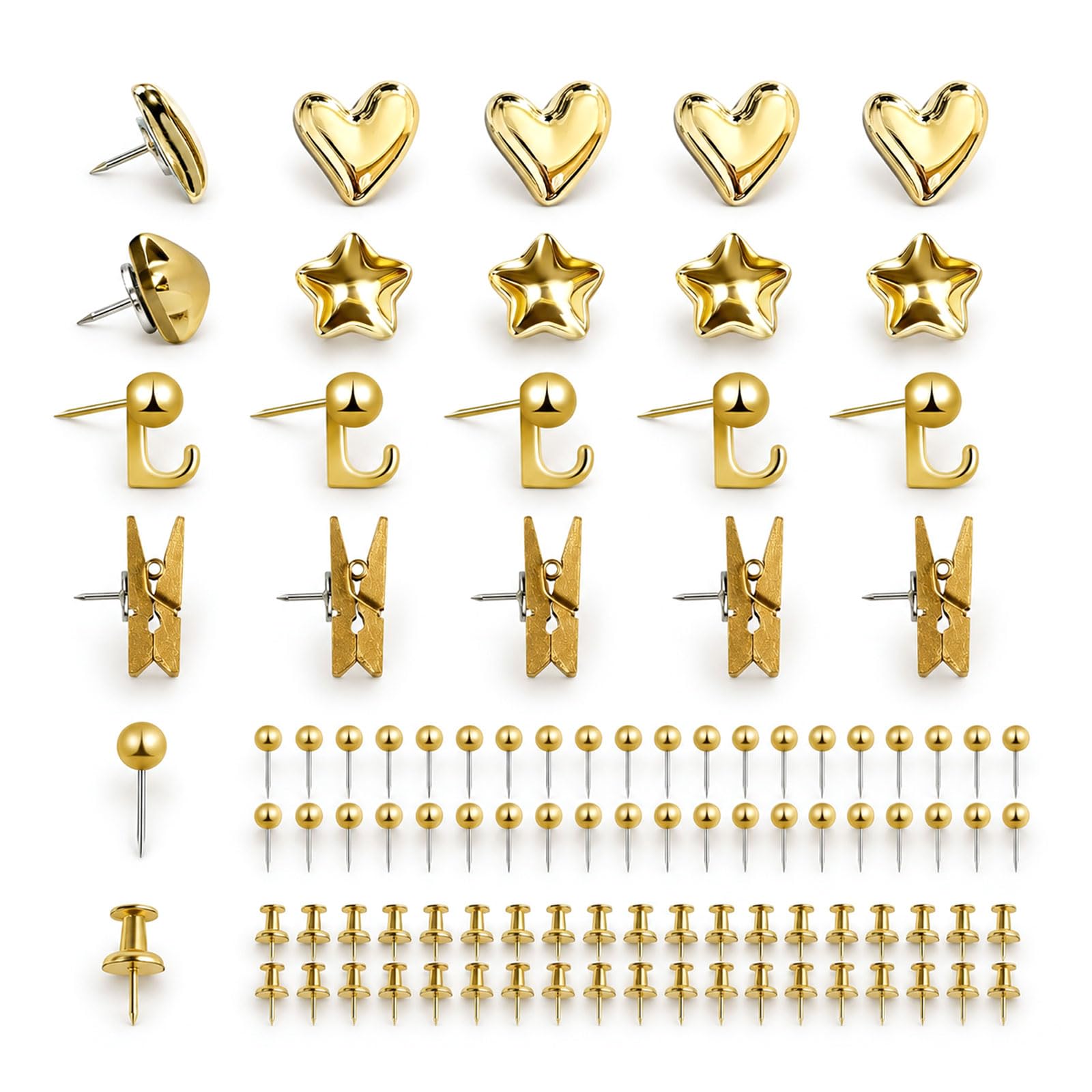 Rokahebi 100 Pieces Gold Push Pins Set – Decorative Thumb Tacks & Push Pins for Cork Board, Metal Drawing Pins with Hook Clip, Office Map & Notice Board Accessories
