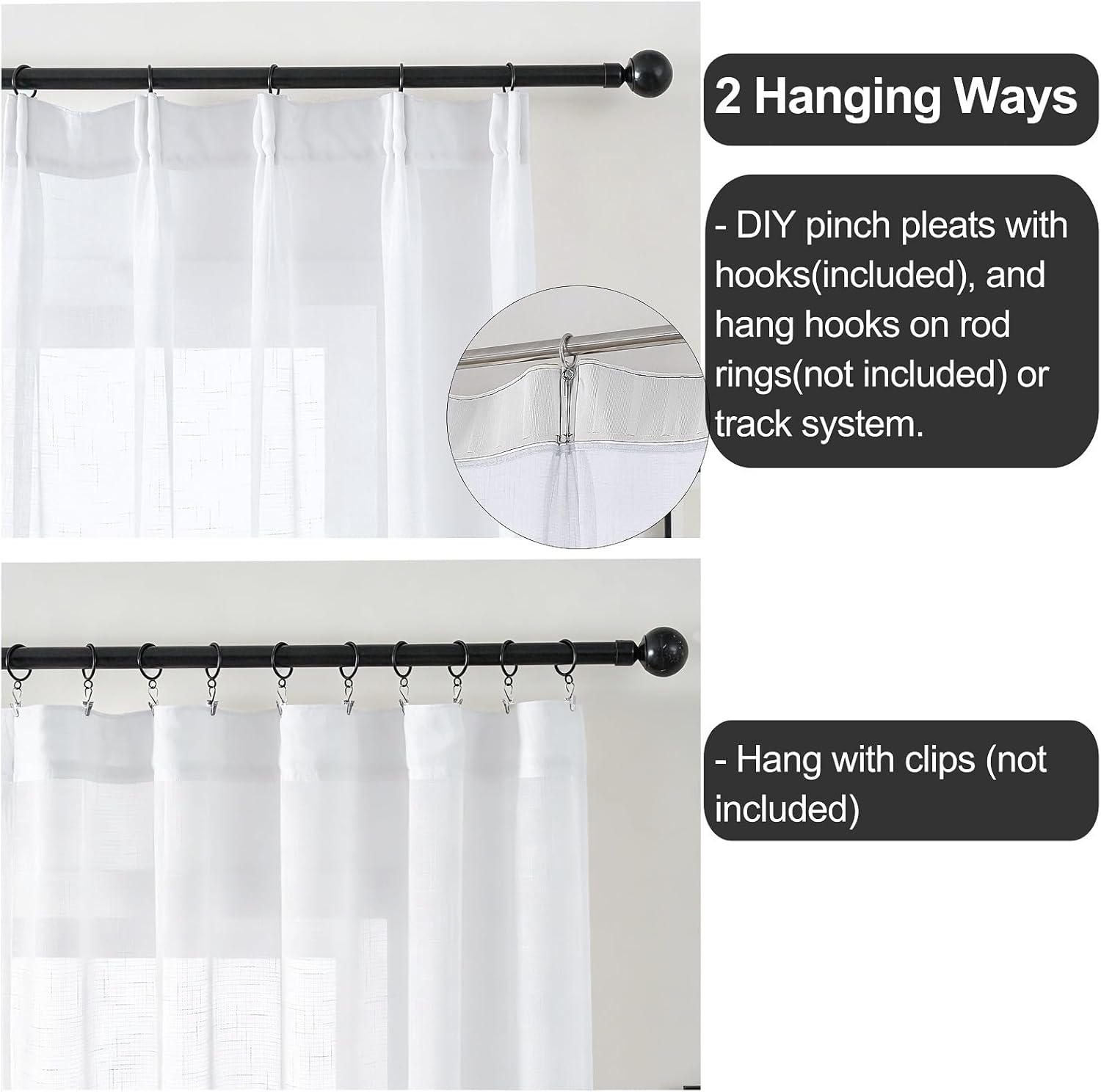White Sheer Curtains 96 Inches Long 2 Panel, Thin Textured Linen Look Ceiling Curtains & Drapes for Living Room, Rustic See Through Window Treatments, Pinch Pleat Sliding Glass Door Curtain