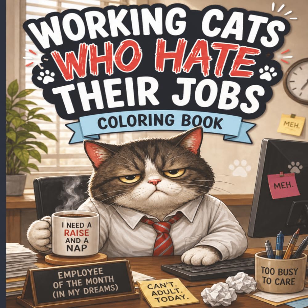 Working Cats Who Hate Their Jobs Coloring Book: Funny Stress Relief Designs Featuring Burnt-Out Office Animals, Sarcastic Scenes, and Relaxing Art for Adults