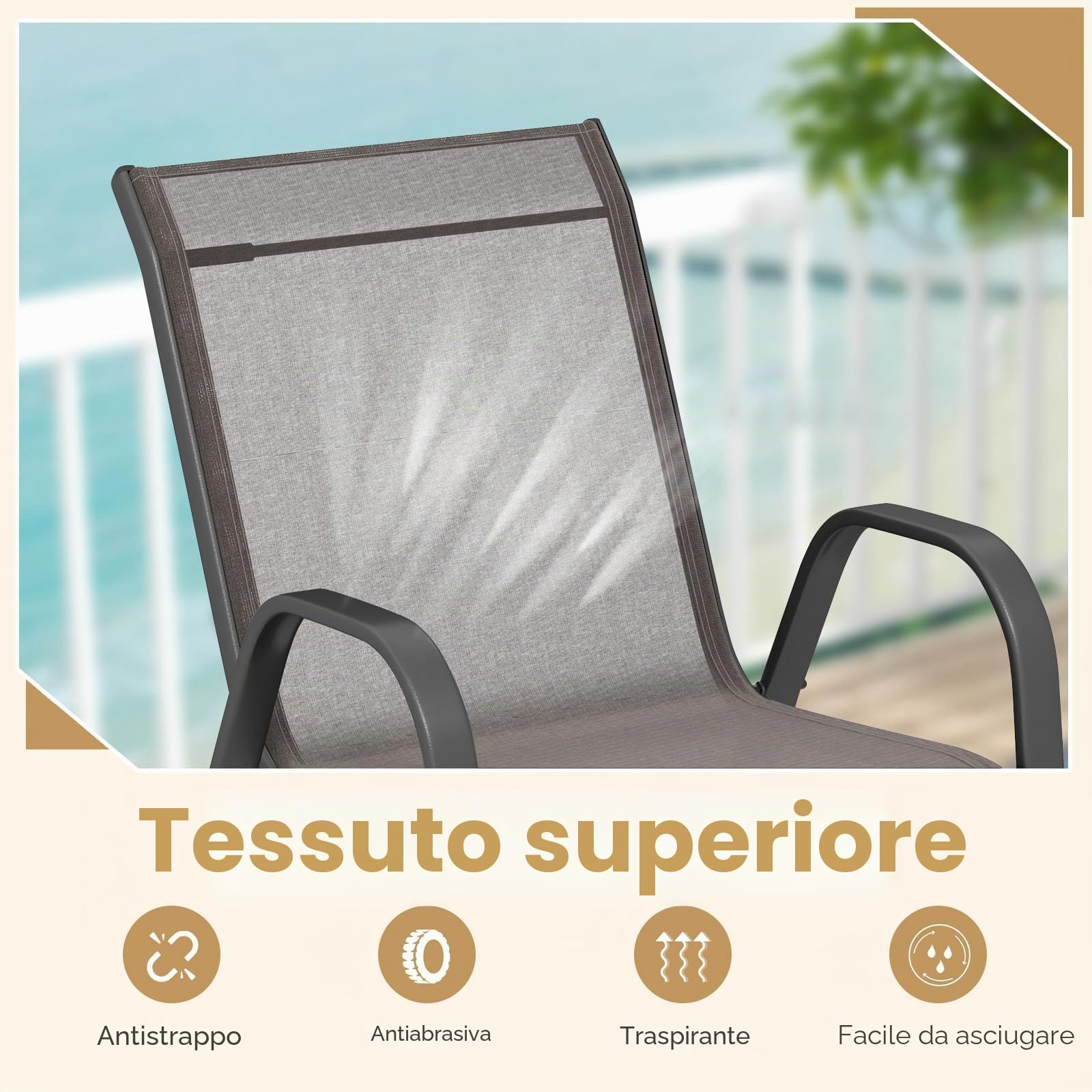 FANTASK Sedie da giardino impilabili, da terrazza, da balcone in textilene e struttura in metallo, set da 4 sedie impilabili con braccioli, portata fino a 150 kg, 56 x 70 x 84 cm (grigio)