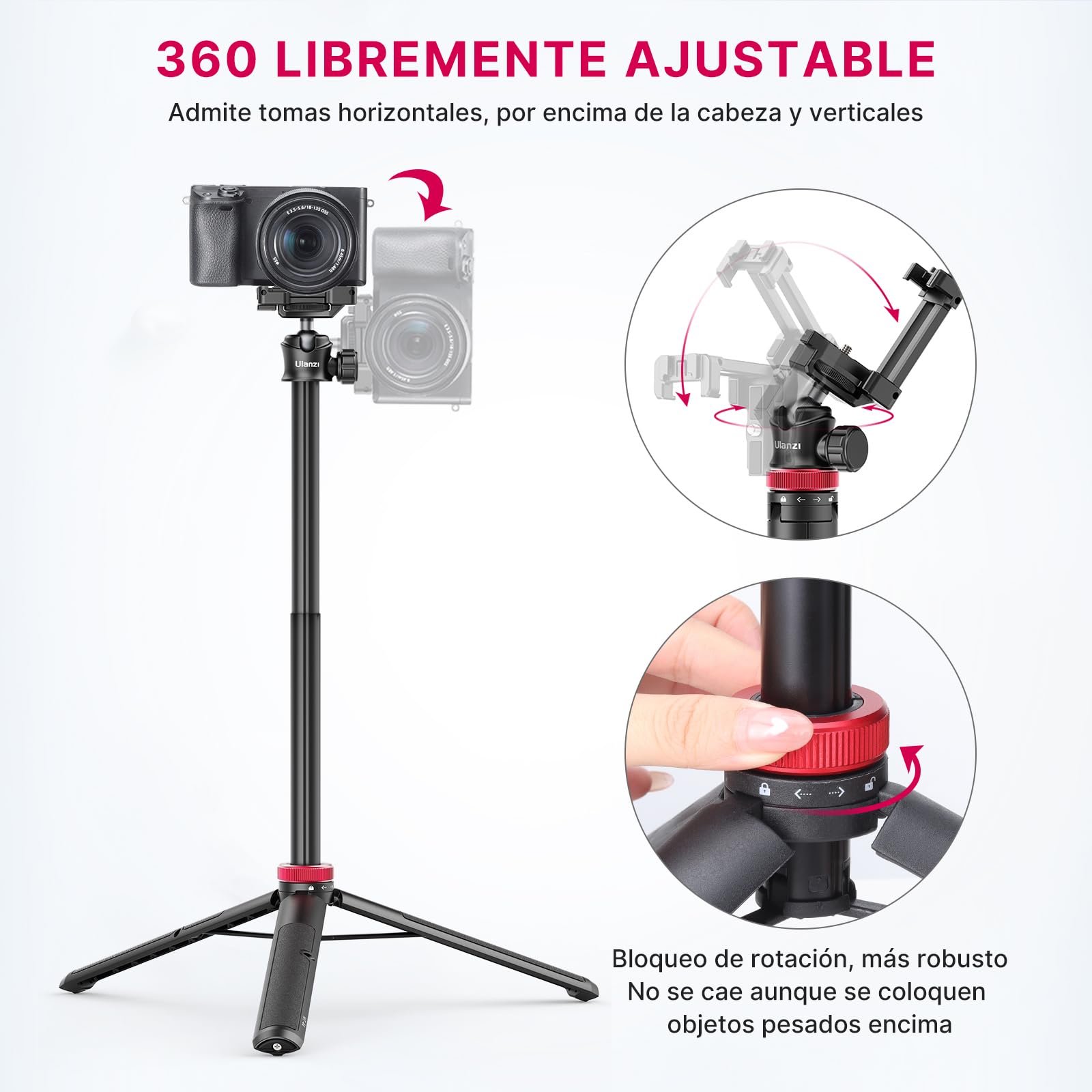 ULANZI MT-44 Tripode para Móvil 147 cm, Palo Selfie Largo con Remoto, Trípode Cámara Fotografía con 360° Rótula de Bola, Cold Shoe, Trípode Compacto Vlog Viaje para Samsung Sony Canon Nikon iPhone
