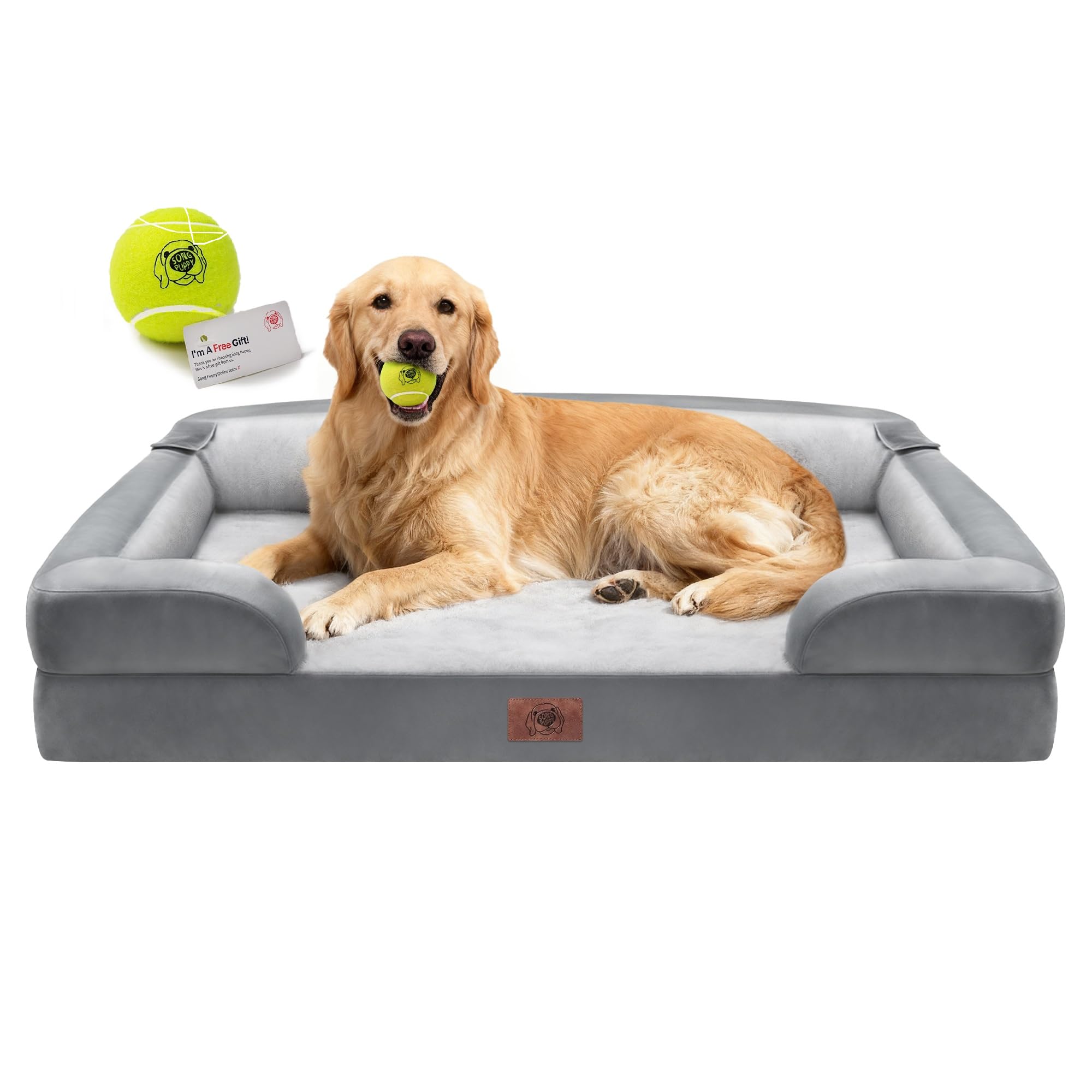 Extra Large Dog Bed, Orthopedic XL Washable Memory Foam Bed for Big Dogs Waterproof Pet Couch Sofa Bolster with Removable Cover, Non-Slip Bottom, Tennis Ball Toy, 42x30