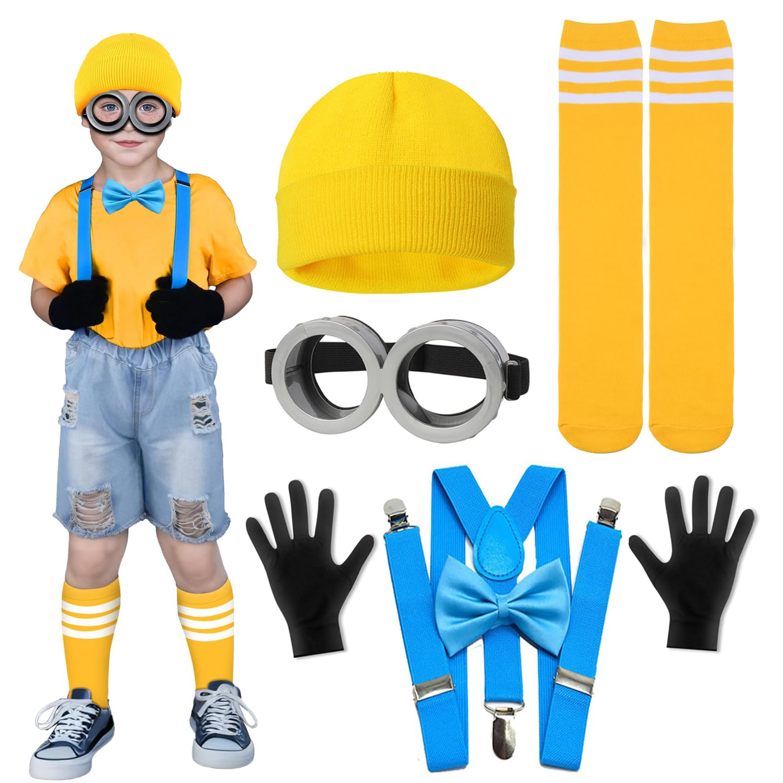 ZcrPrn 6 Pcs Yellow Costume Accessories Set, Beanie Goggles Socks Bow Tie Black Gloves and Suspenders, Cute and Funny Yellow Costumes are Essential Accessories Halloween Cosplay Carnival
