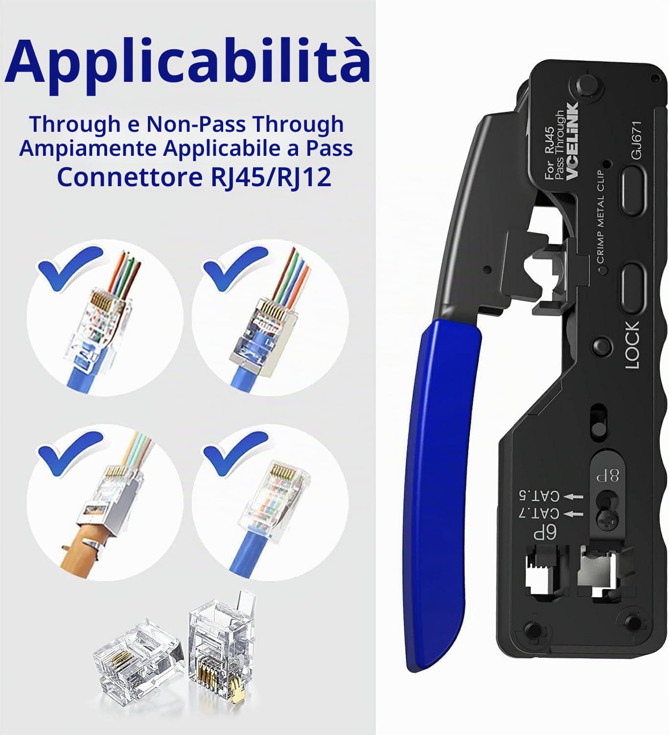 VCELINK Kit Crimpatrice RJ45 44 in 1 Tester LAN 20 Connettori Cat7 Passanti | Lame integrate rifilano i conduttori a filo per contatti puliti e crimpature affidabili al primo colpo su connettori passanti