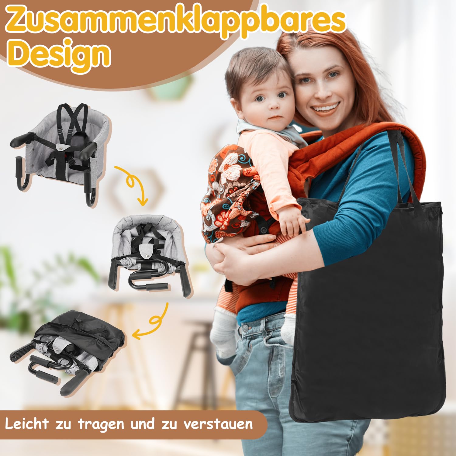Daromigo Tischsitz Faltbar, Essstuhl, Tragbarer Hochstuhl, Sitzerhöhung für Baby, Mit Ablagetasche, Belastbar bis 18 kg, Für Zuhause und Unterwegs, Grau