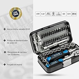 Högert Technik - Pequeño Juego de Herramientas, Caja de Herramientas, Maletin Herramientas, Juego de Llaves de Vaso y Equipamiento 1/4, Mecanismo de Trinquete con 72 Dientes - HT1R462, 38 Piezas 38 teilig