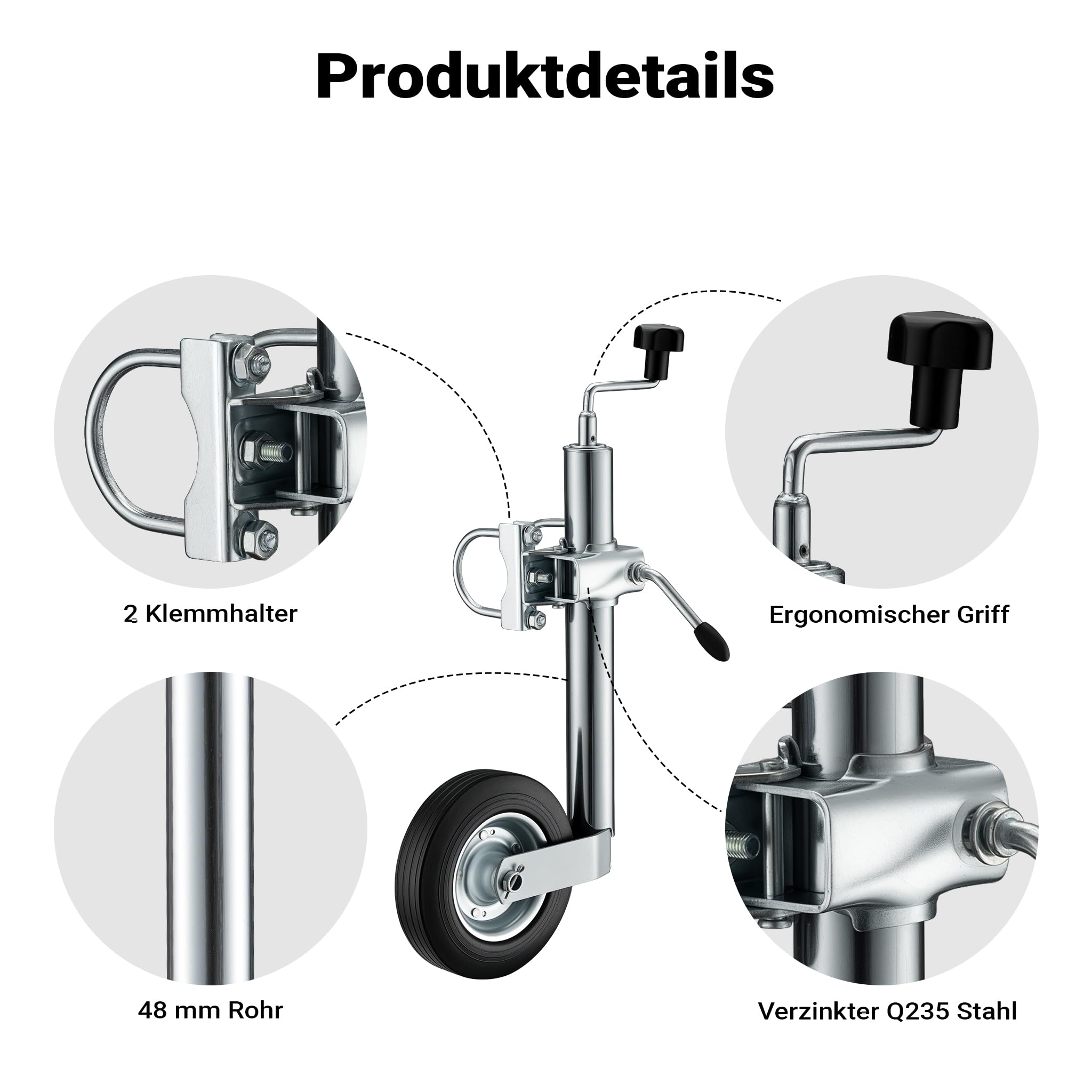 Wiltec Stützrad für Anhänger bis 362 kg ø48 mm, Bugrad mit Klemmhalter