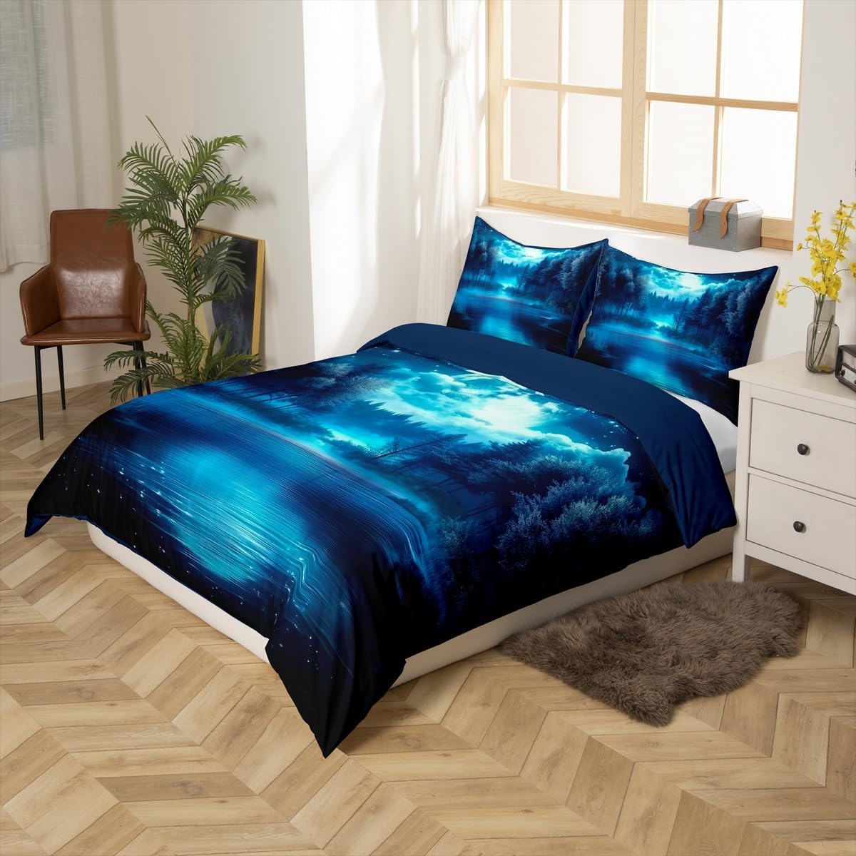 jejeloiu Moon Tree Lake Duvet Cover Toddler Size Kids Natural Scenery Comforter Cover Set for Boys Girls Teens Starry Night Sky Bedding Set Breathable Nature Bedspread Cover Room Decor Quilt Cover