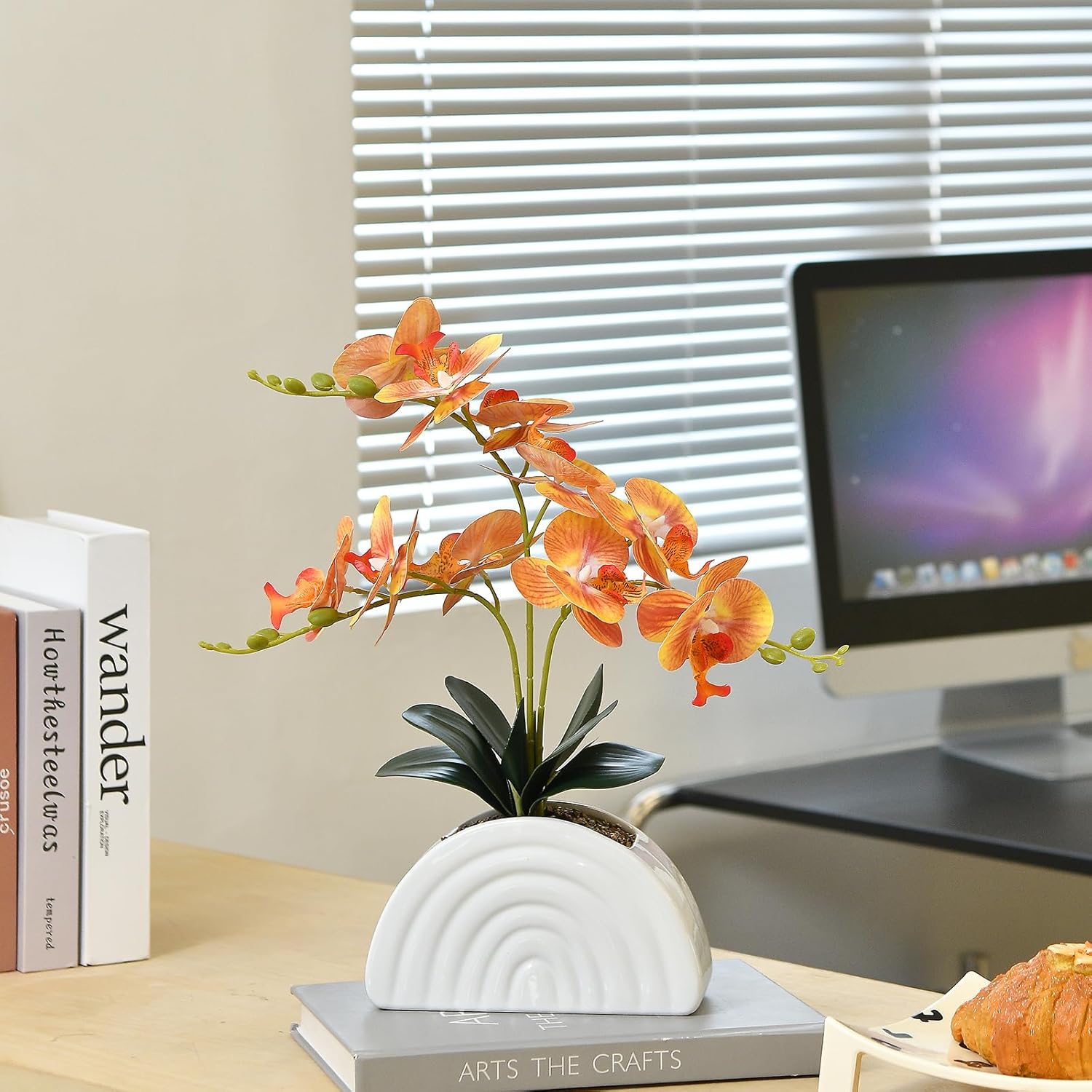 Fake Orchid Plant in White Rainbow Pot, Artificial Silk Phalaenopsis Orchid Flowers for Home Décor, Table Centerpiece, Office Desk (Orange)