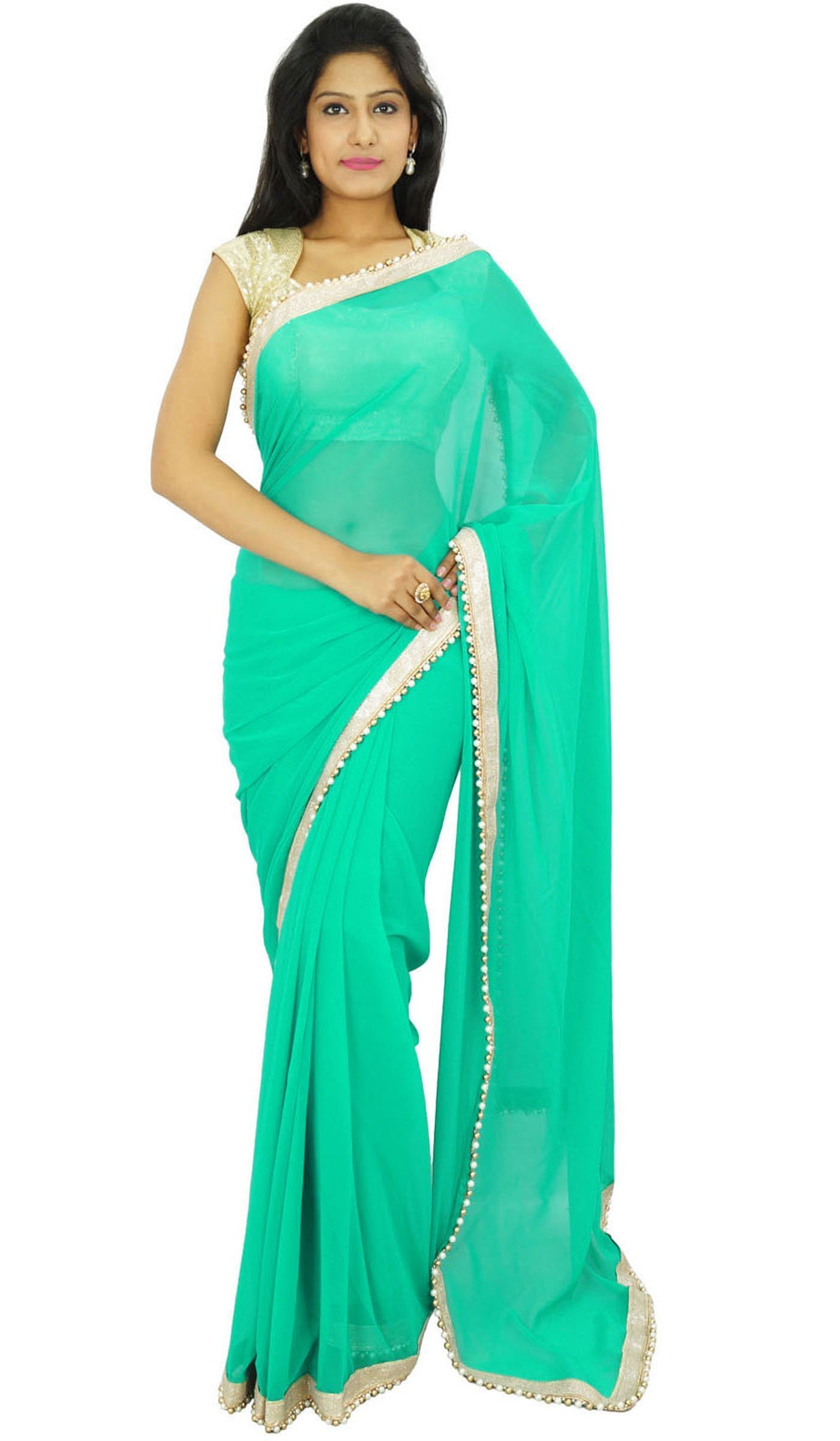 Iba Indianbeautifulart Women's Sea Green Indian Traditional Party Wear Sari Designer Georgette Wedding Saree Gift For Her