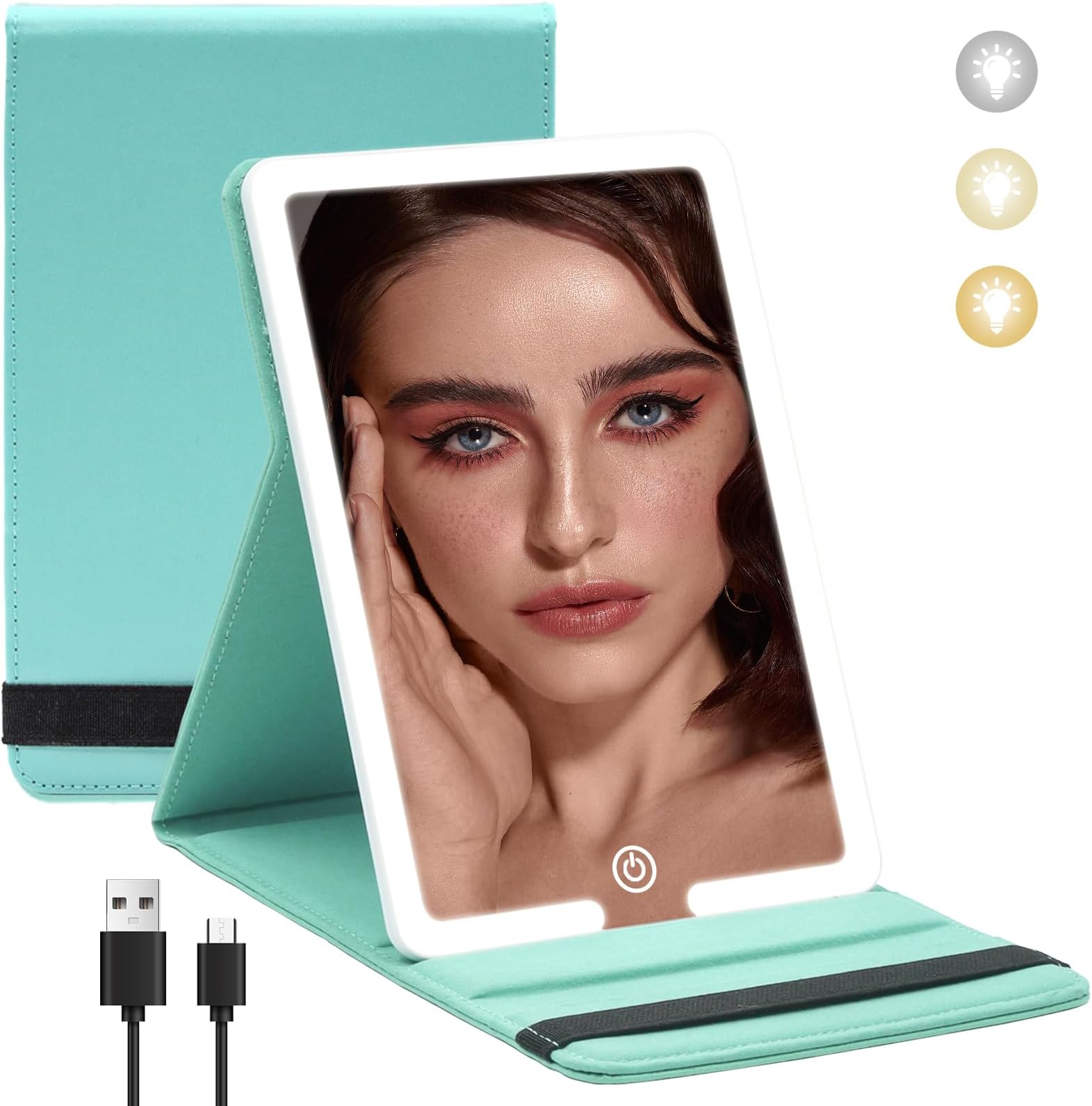 Lighted Travel Makeup Mirror, PU Leather Folding Travel Mirror Compact Vanity Mirror with Lights, Portable Makeup Mirror with 3 Lighting Dimmable Touch Screen Rechargeable for Travel & Beauty