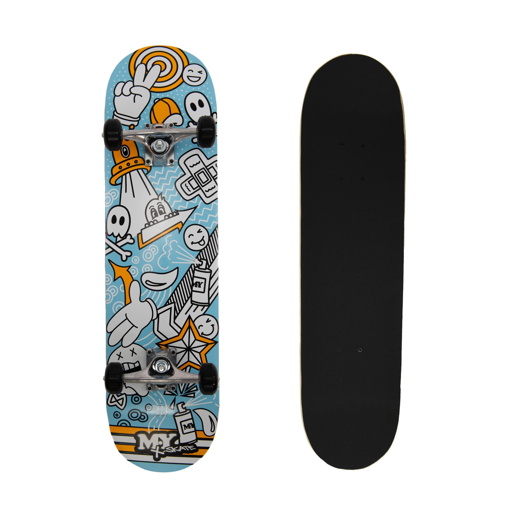 M.Y X-Skate 'Blue Sketch' Complete Skateboard 31" Double Kick Beginner Skateboard for Kids Teenagers & Adults 7 Ply Birch Deck ABEC 7 Bearings for tricks and skateparks
