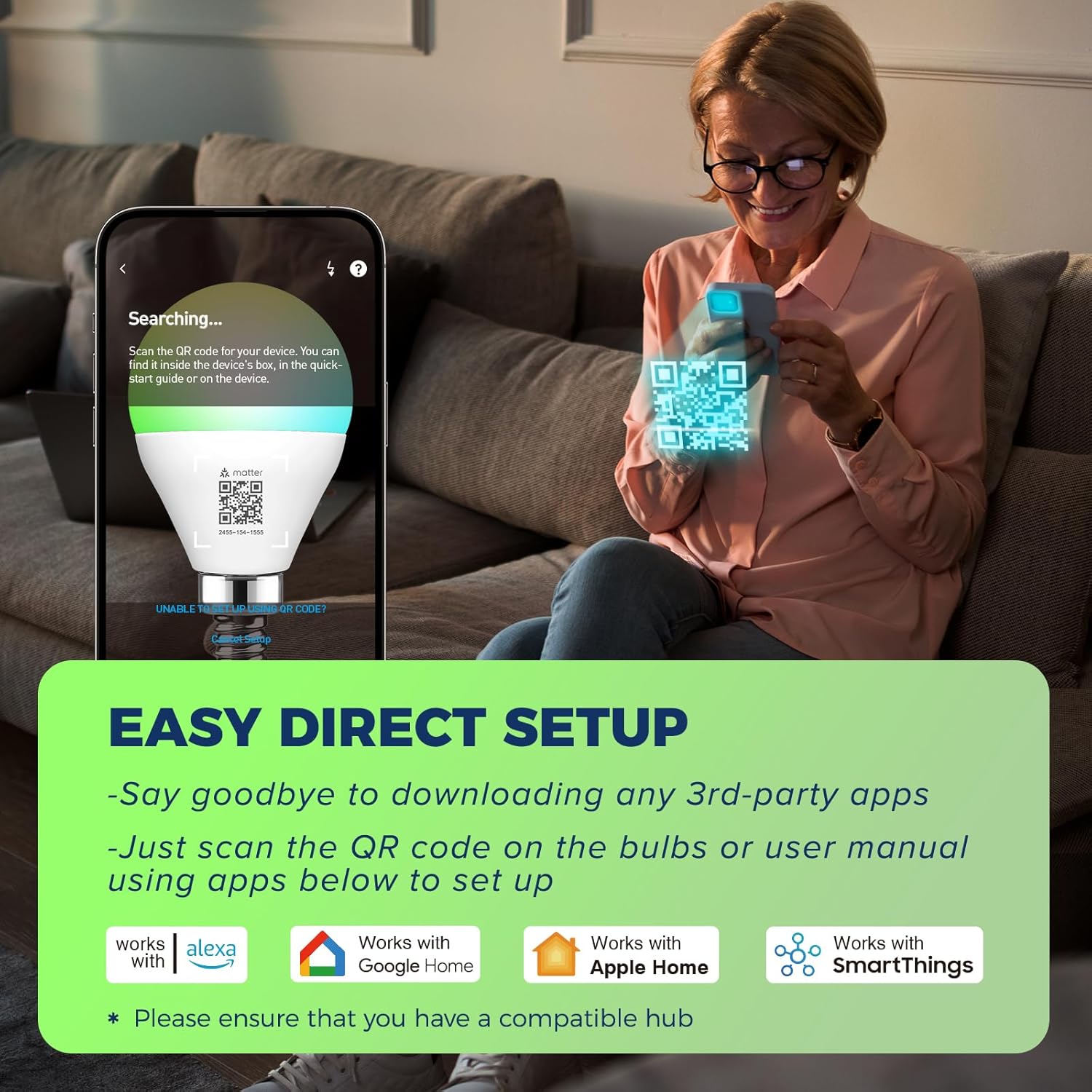 Lightinginside Matter E12 Smart Light Bulbs 50W Equivalent 5W 550LM, Compatible with Alexa/Siri/Apple Home/Google Home/SmartThings, G16.5 RGBCW Candelabra Ceiling Fan Bulb, 2.4G WiFi, ETL Listed, 2PCS