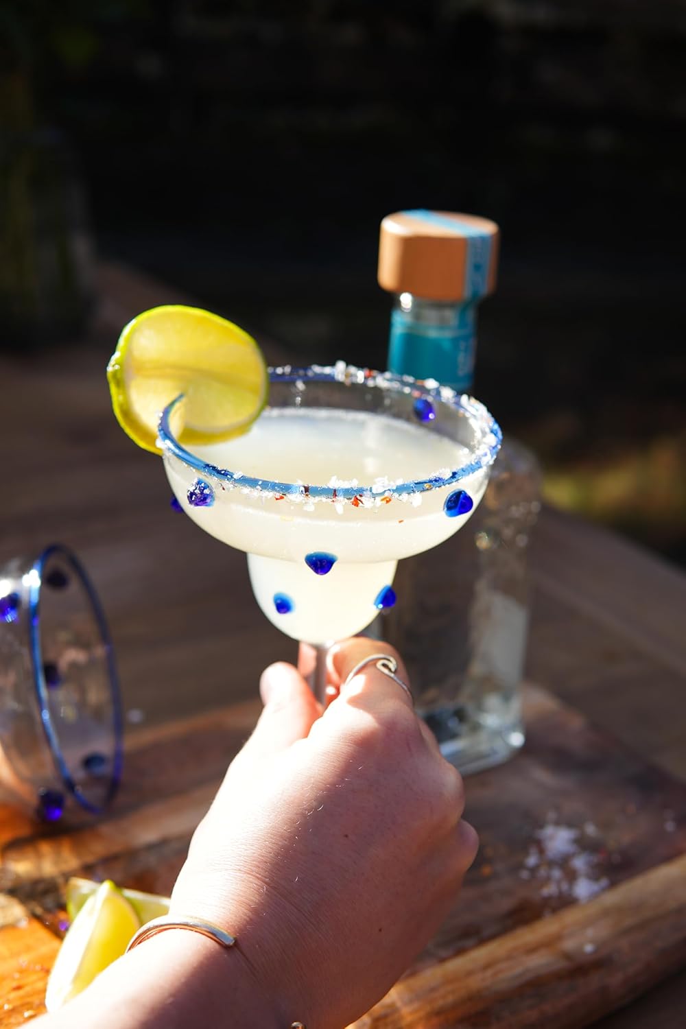 Gökotta Handblown Margarita Glasses Set of 2 | 10oz Blue Polka Dot Borosilicate Cocktail Glasses | Lead-Free Dishwasher Safe Artisan Glassware for Martini, Mezcal, Tequila