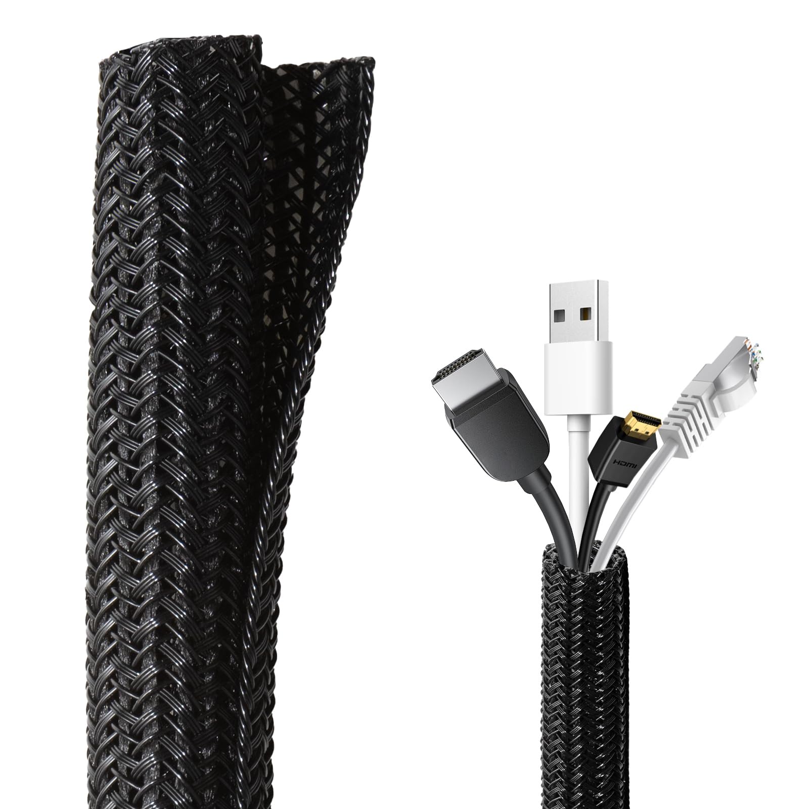 16.4ft Cable Tidy Sleeve Management Cover, 0.5-1 inch Expandable PES Braided Wire Loom Tubing Tube Tidies for Power USB Audio Video Cable Protector Animal Proof for Home Office Car Electronics