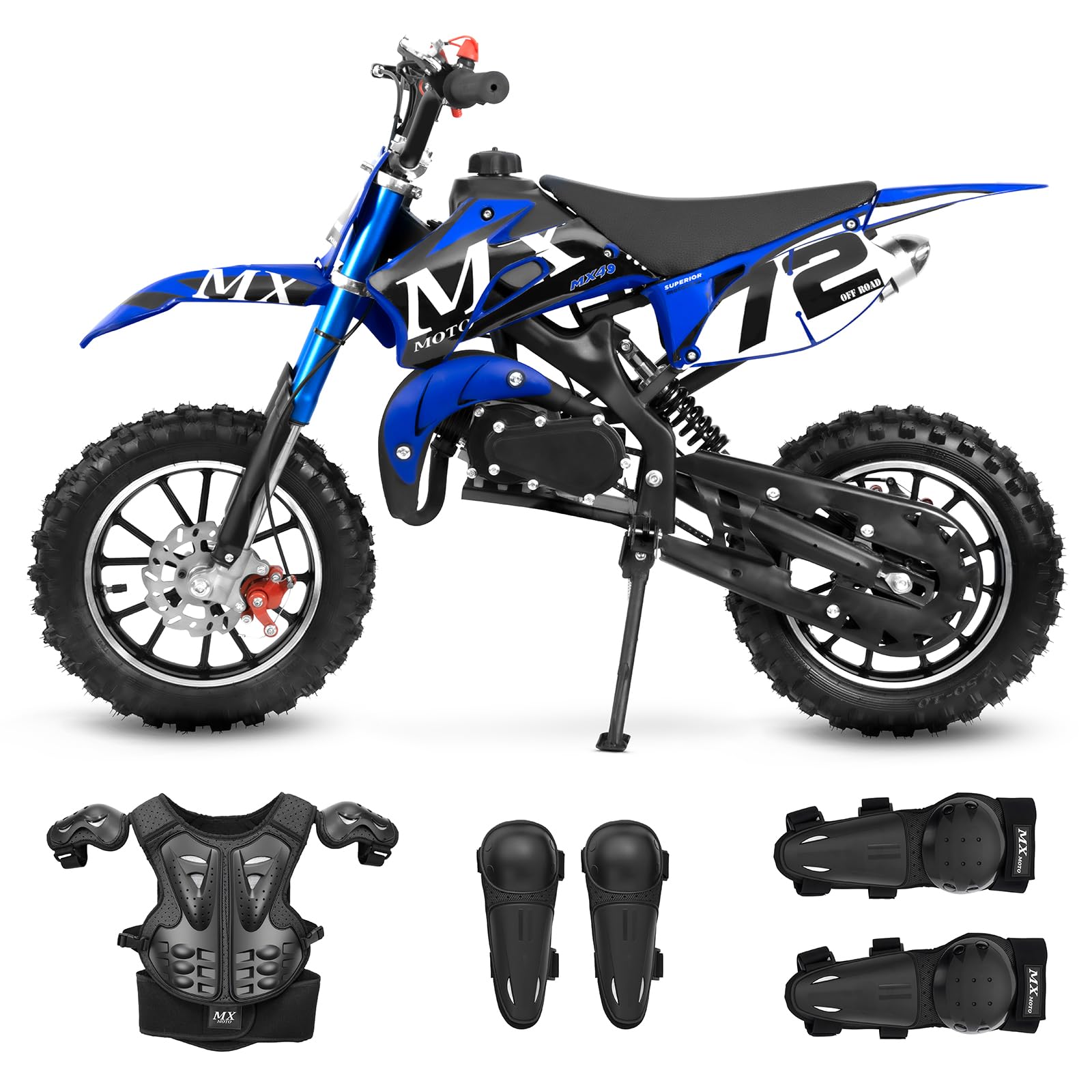 49cc Kids Dirt Bike, Gas Powered 2-Stroke Dirt Bike, Off-Road Dirtbike for Kids with Front/Rear Disc Brakes, Shock Absorption, Armor, Max Speed 30MPH (Blue)