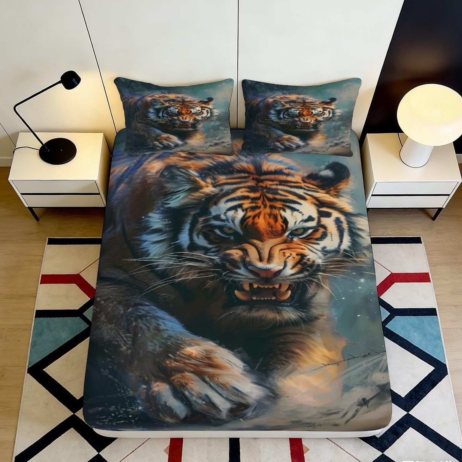 Tjiqhvmrn Style-1 3D Printed Tiger Pattern Fitted Sheet Microfiber Deep Pocket Non-Slip Bedroom Bedding Tiger Mattress Fitted Cover For Adults Teens Washable Full Wrap Protection 90X200x25cm