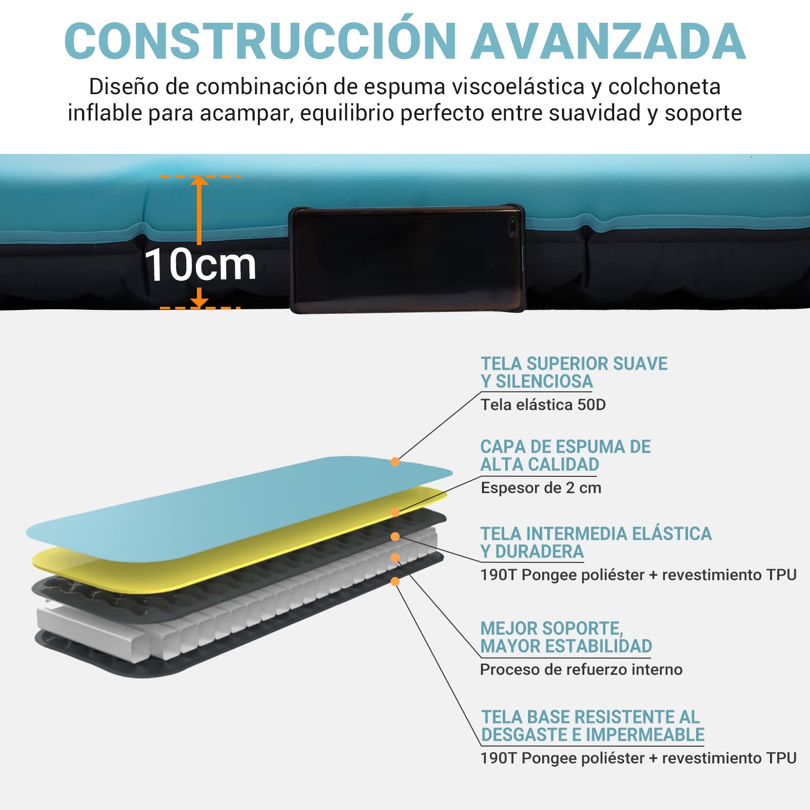 KingCamp colchoneta Inflable de Camping colchoneta Espuma Memoria Individual 10 cm Espesor colchoneta Inflable colchoneta de Camping Suave 50D TPU elástico Impermeable para Senderismo mochilero
